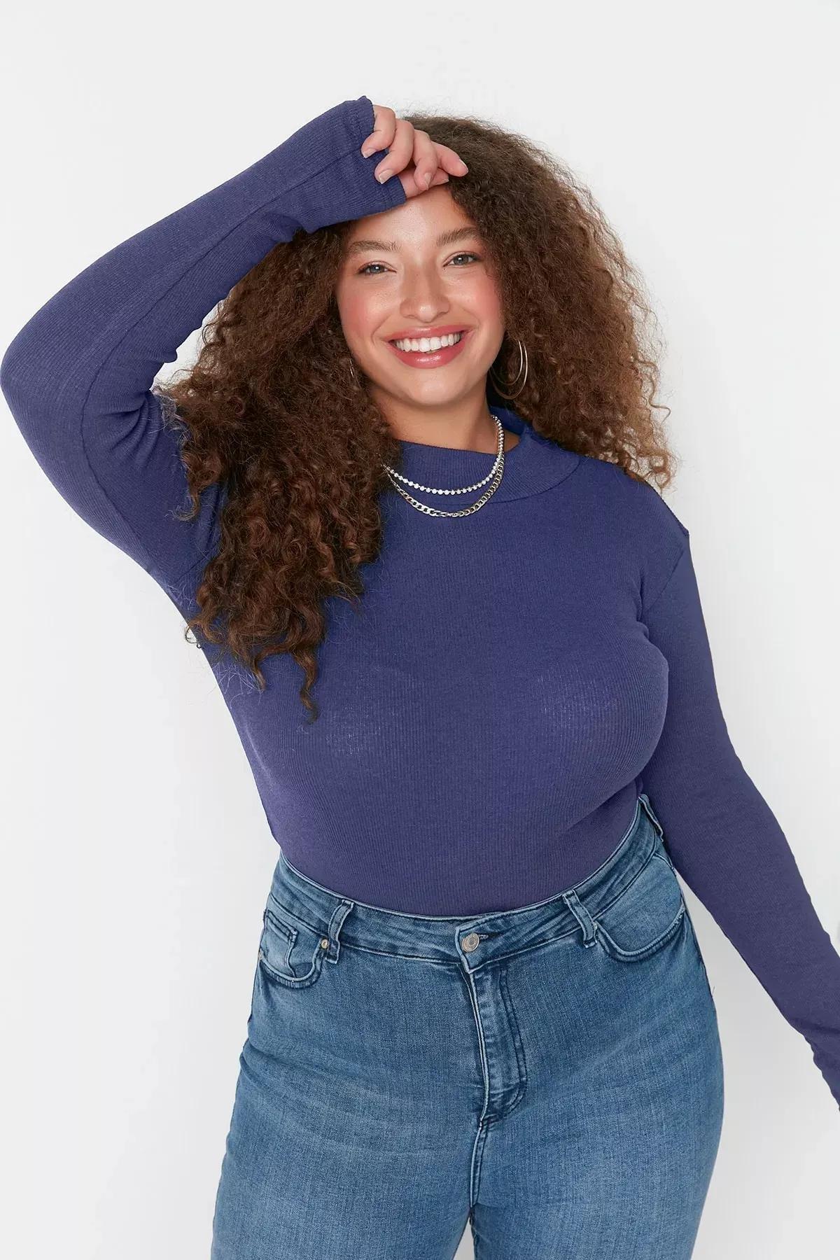 Navy Fitted Plus-Size Blouse, , large image number 1