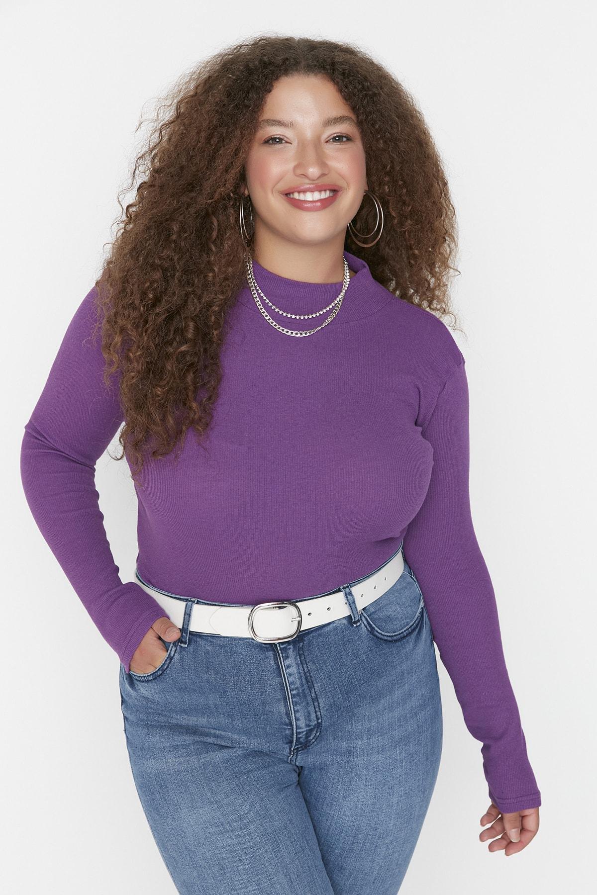 Purple Fitted Plus Size Blouse, Purple, large image number 0
