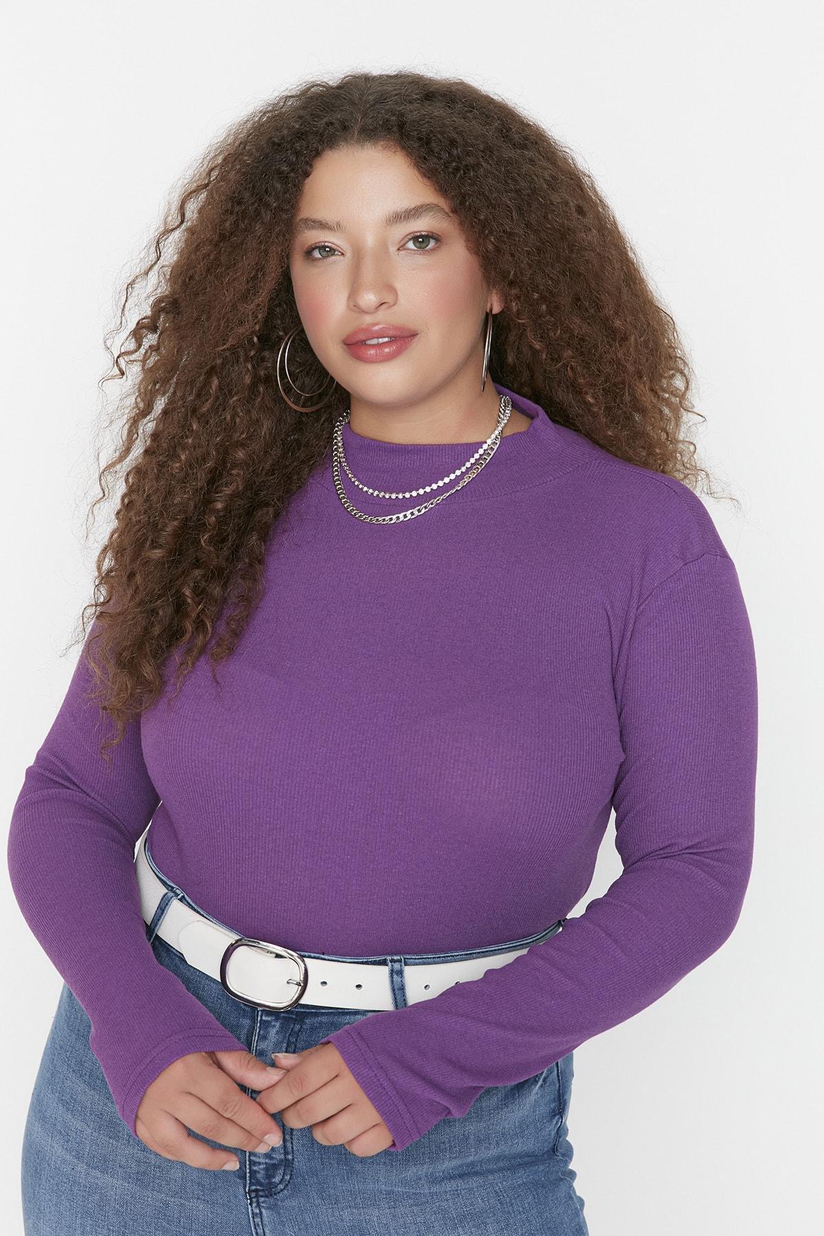 Purple Fitted Plus Size Blouse, Purple, large image number 1