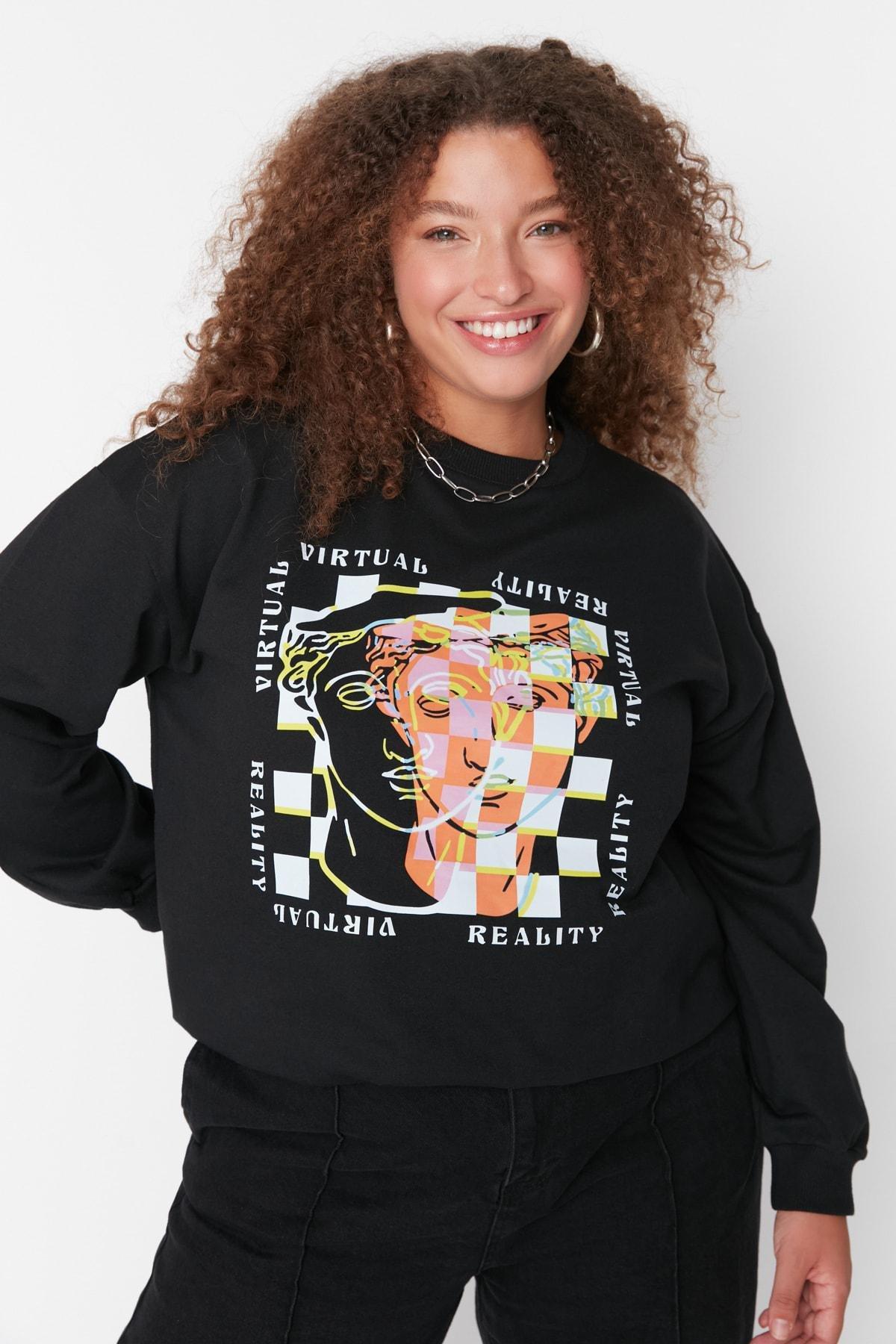 Trendyol - Black Striped Plus Size Sweatshirt