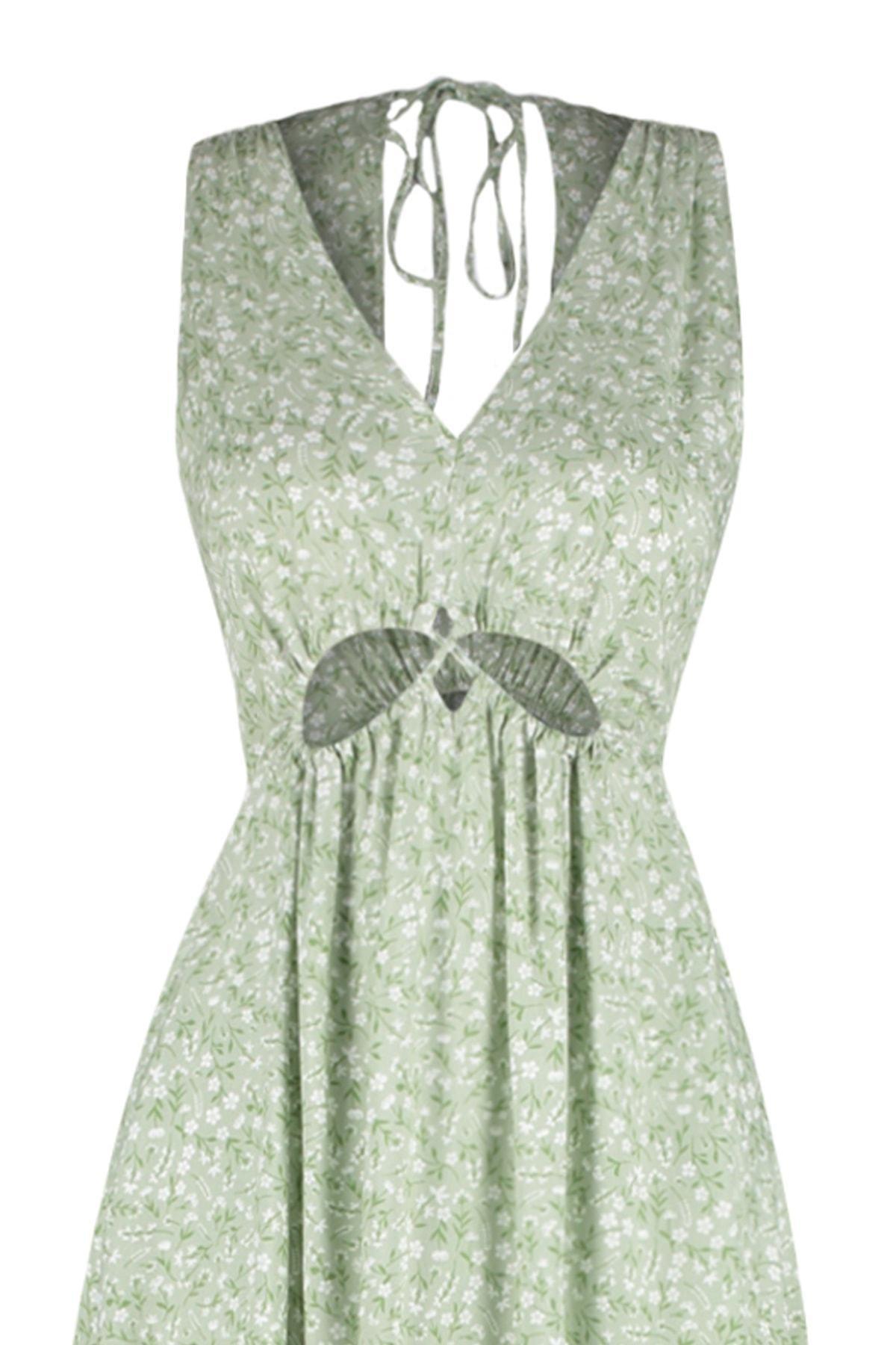 Trendyol - Green Floral V-Neck Shift Dress
