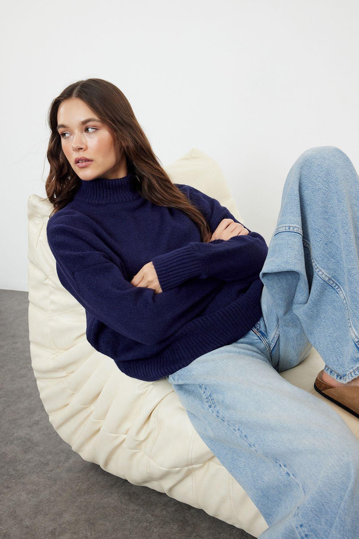 Navy Blue Textured Oversized Sweater, , large image number 0