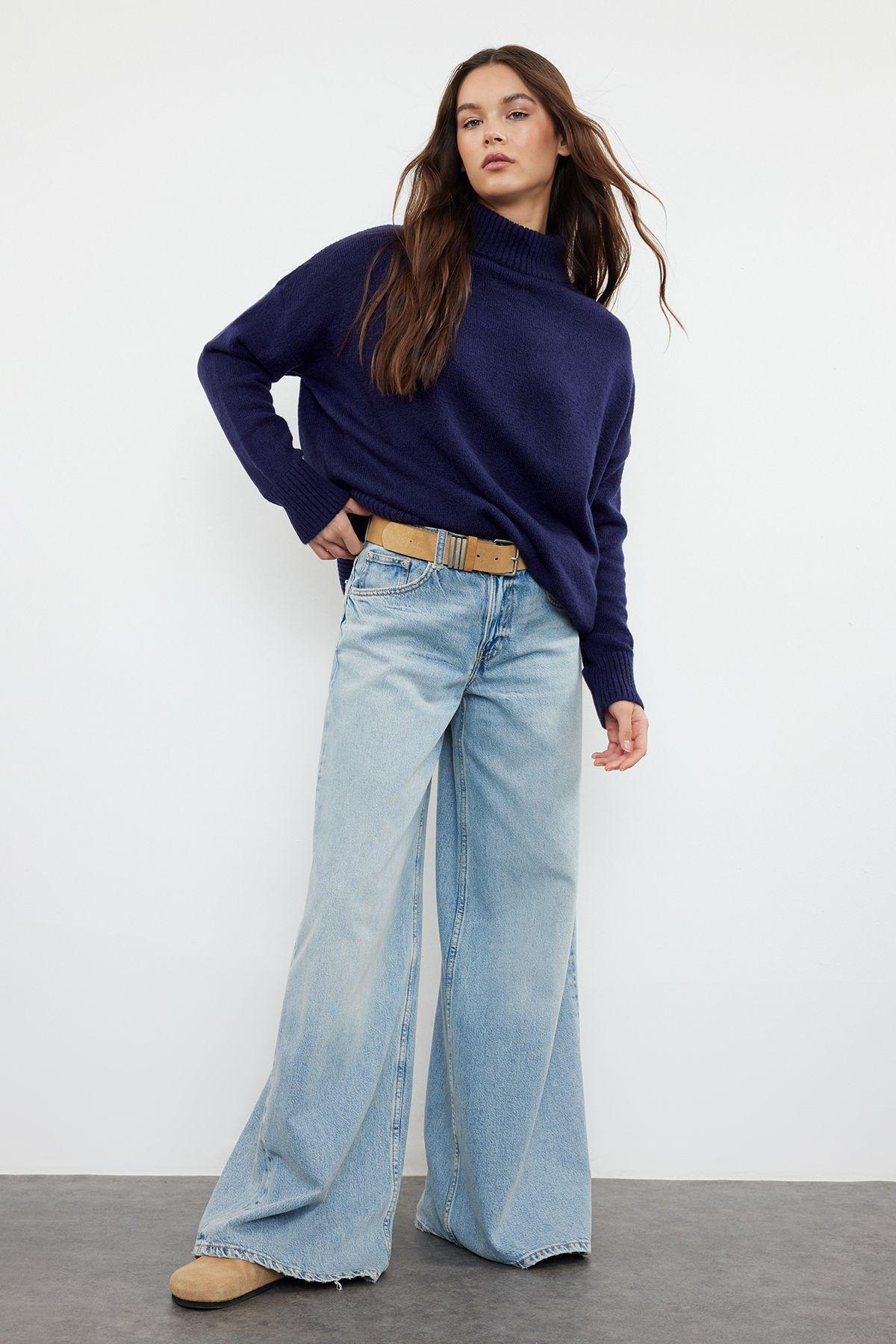 Navy Blue Textured Oversized Sweater, , large image number 1