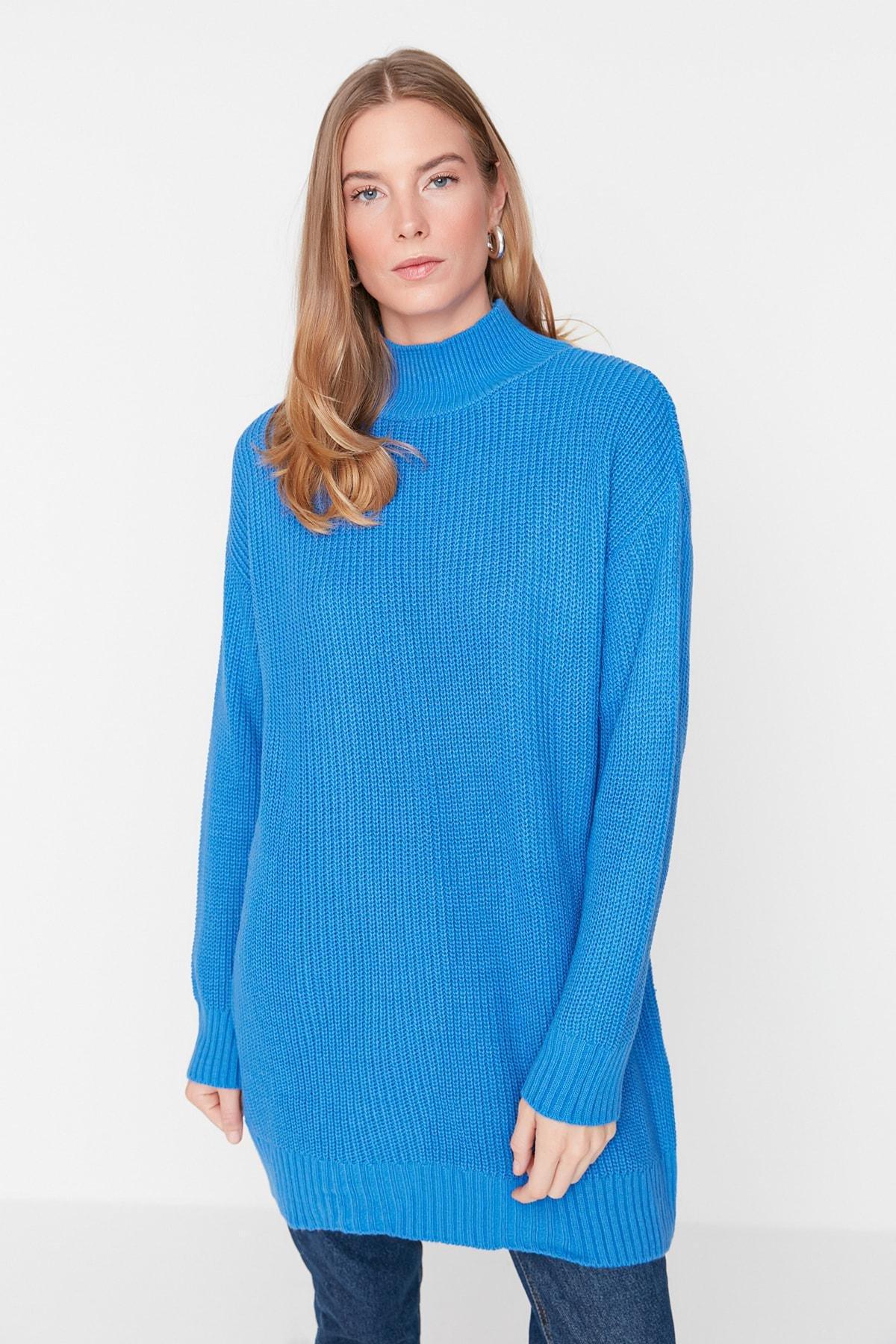 Trendyol - Blue Relaxed High Neck Sweater