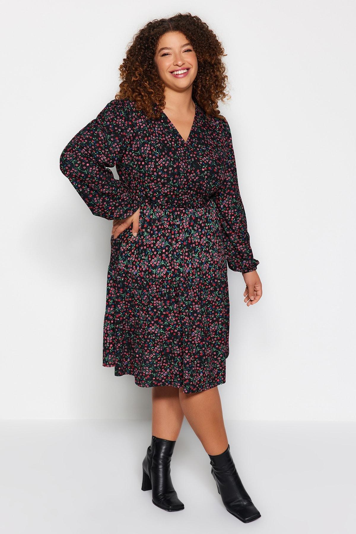 Black Printed Plus Size Dress, , large image number 0