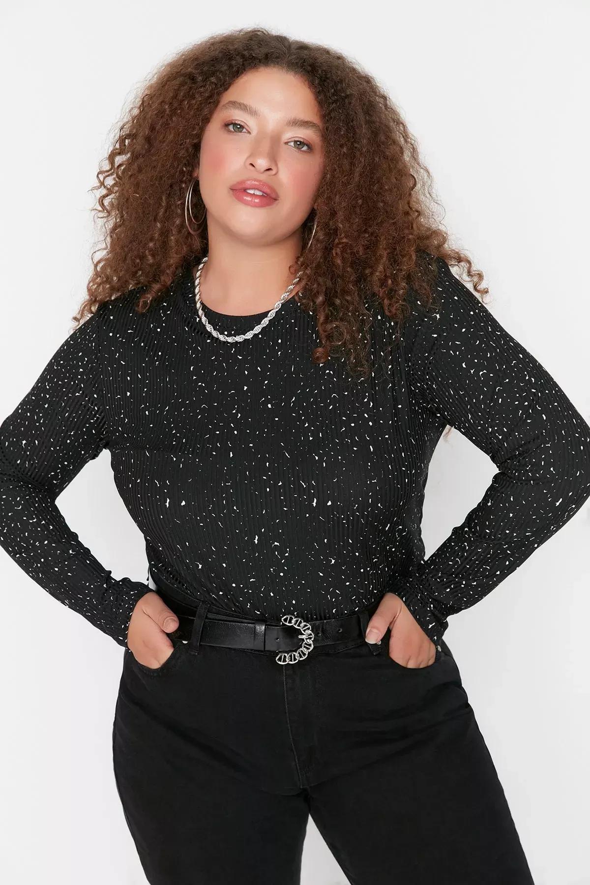 Black Crew Neck Plus Size Blouse, , medium