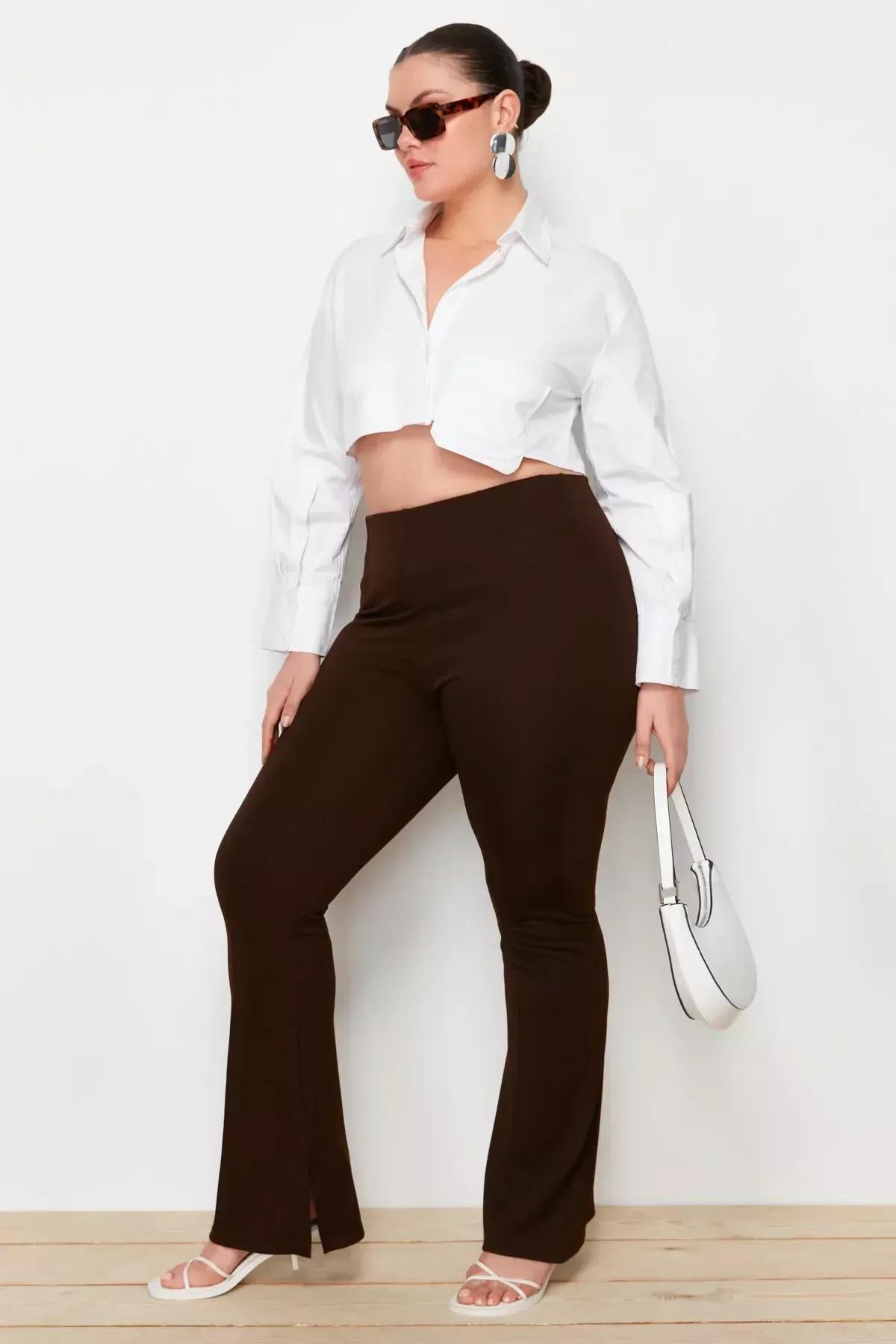 Brown Bootcut Plus Size Pants, Brown, large image number 1