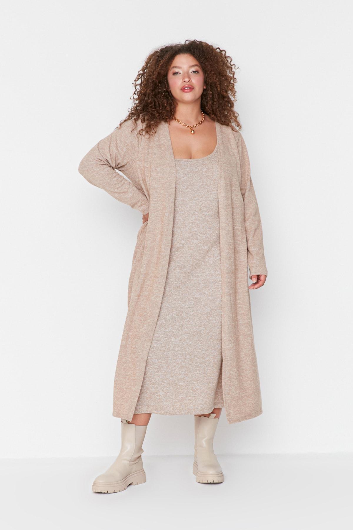 Beige Basic Plus Size Midi Dress, Set Of 3, , large image number 0