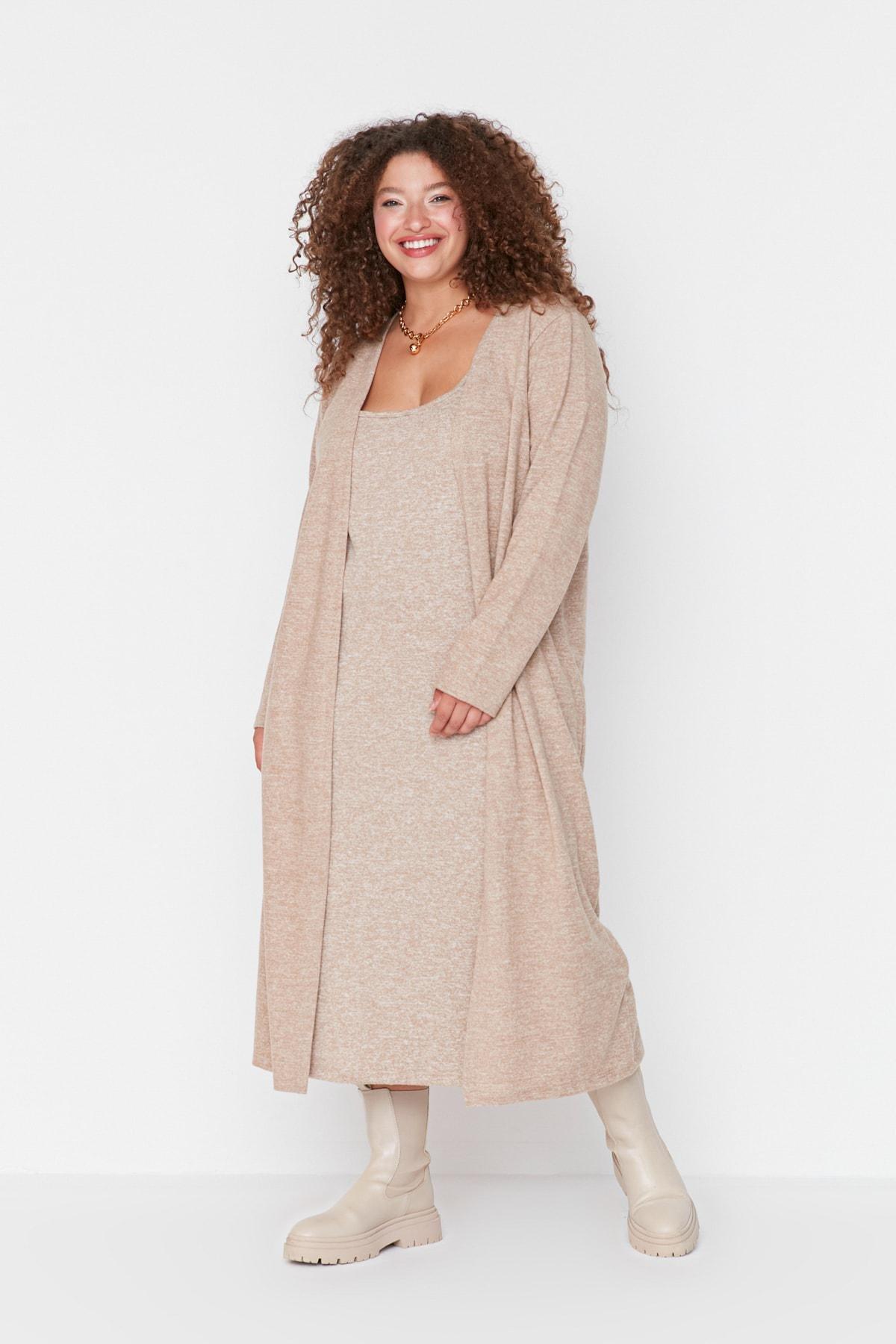 Beige Basic Plus Size Midi Dress, Set Of 3, , large image number 1