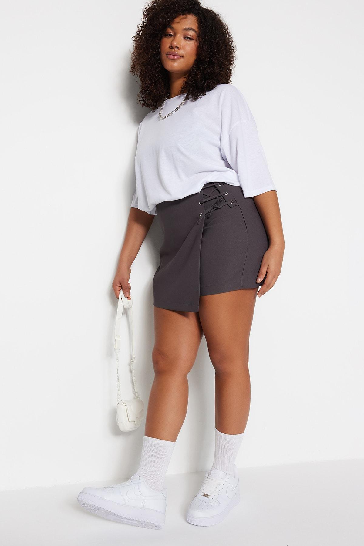 Gray High Waist Plus Size Shorts, Gray, large image number 1