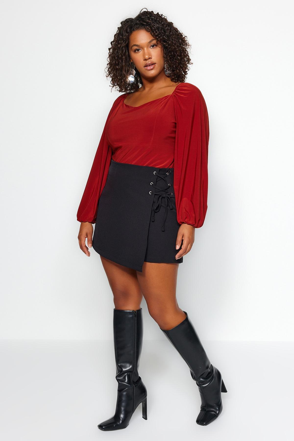 Black High Waist Plus Size Shorts, , large image number 1