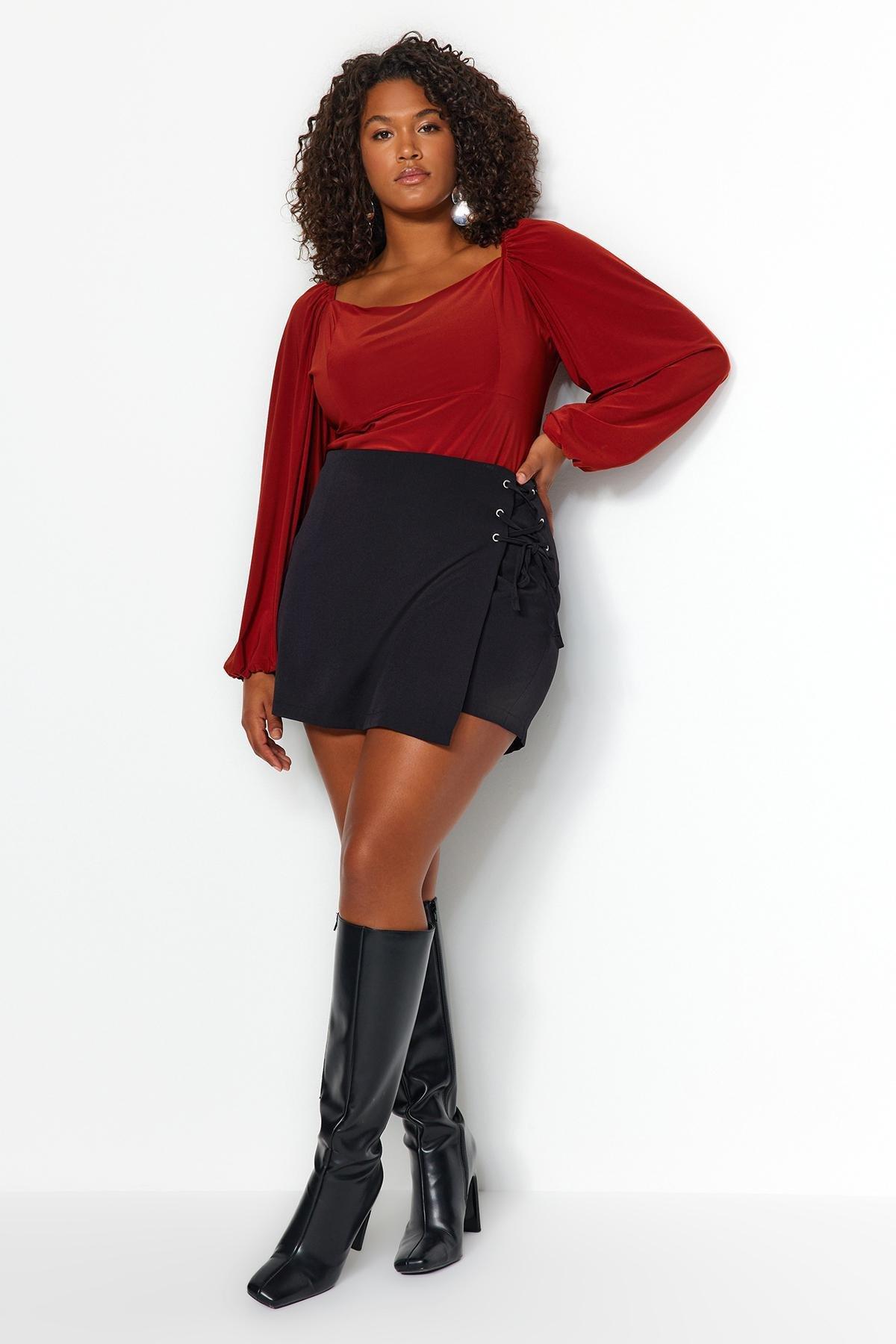 Black High Waist Plus Size Shorts, , large image number 2