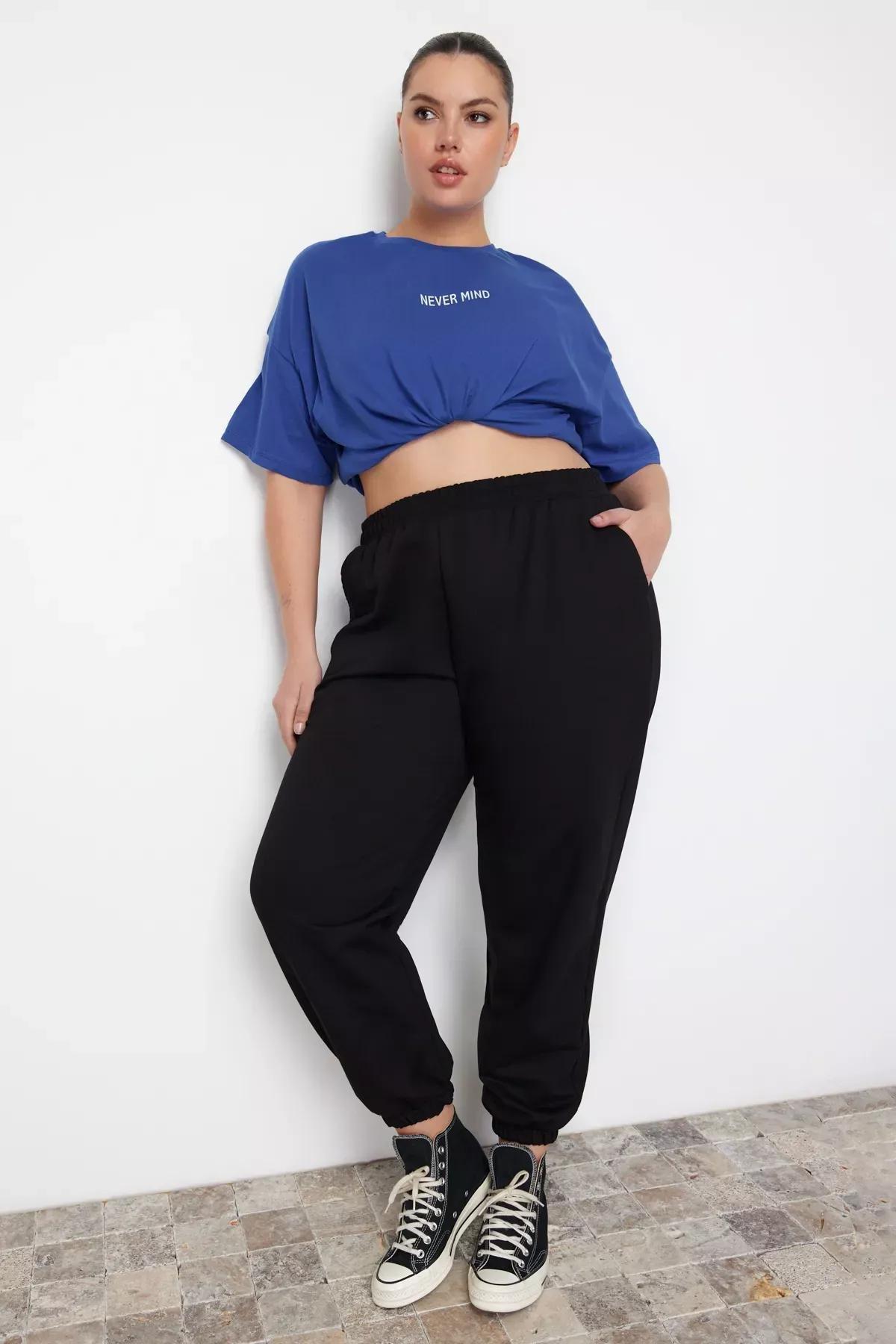 Black Joggers Plus Size Sweatpants, Black, large image number 1