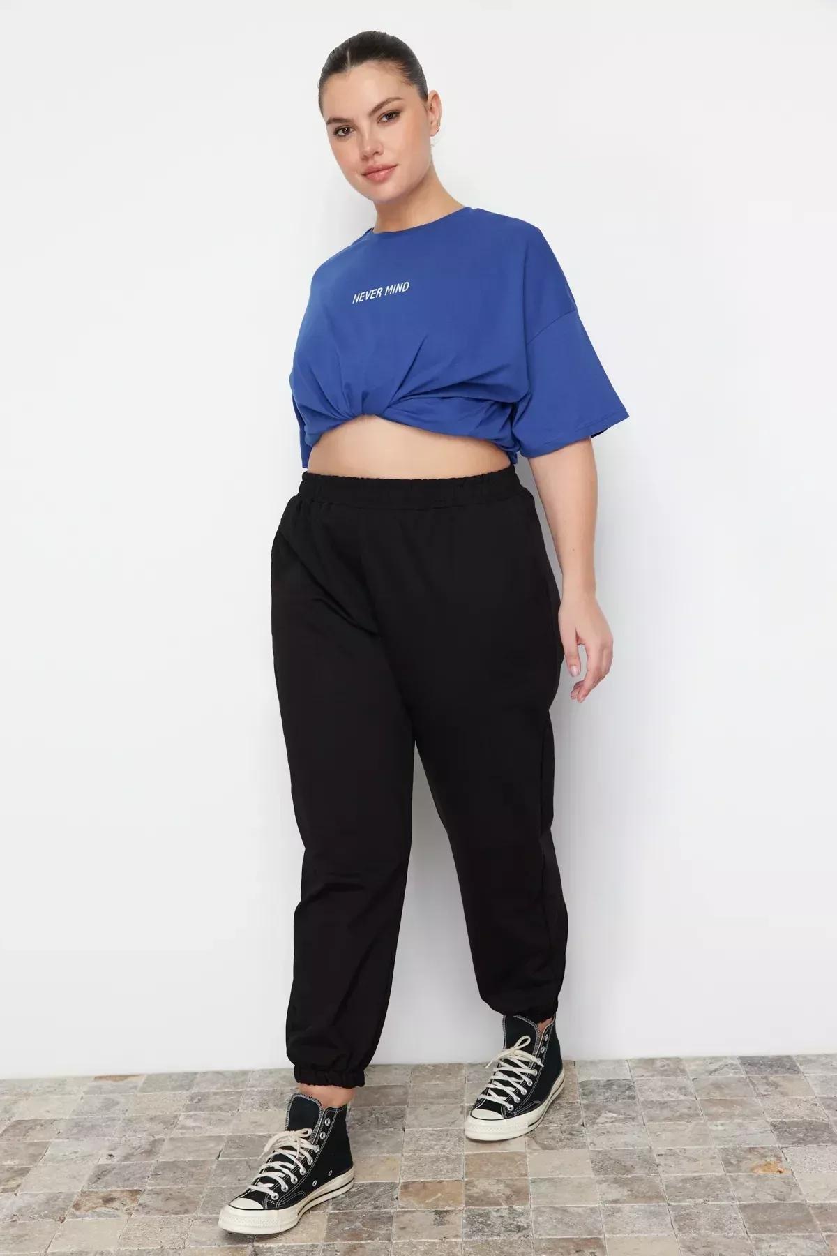 Black Joggers Plus Size Sweatpants, Black, large image number 2
