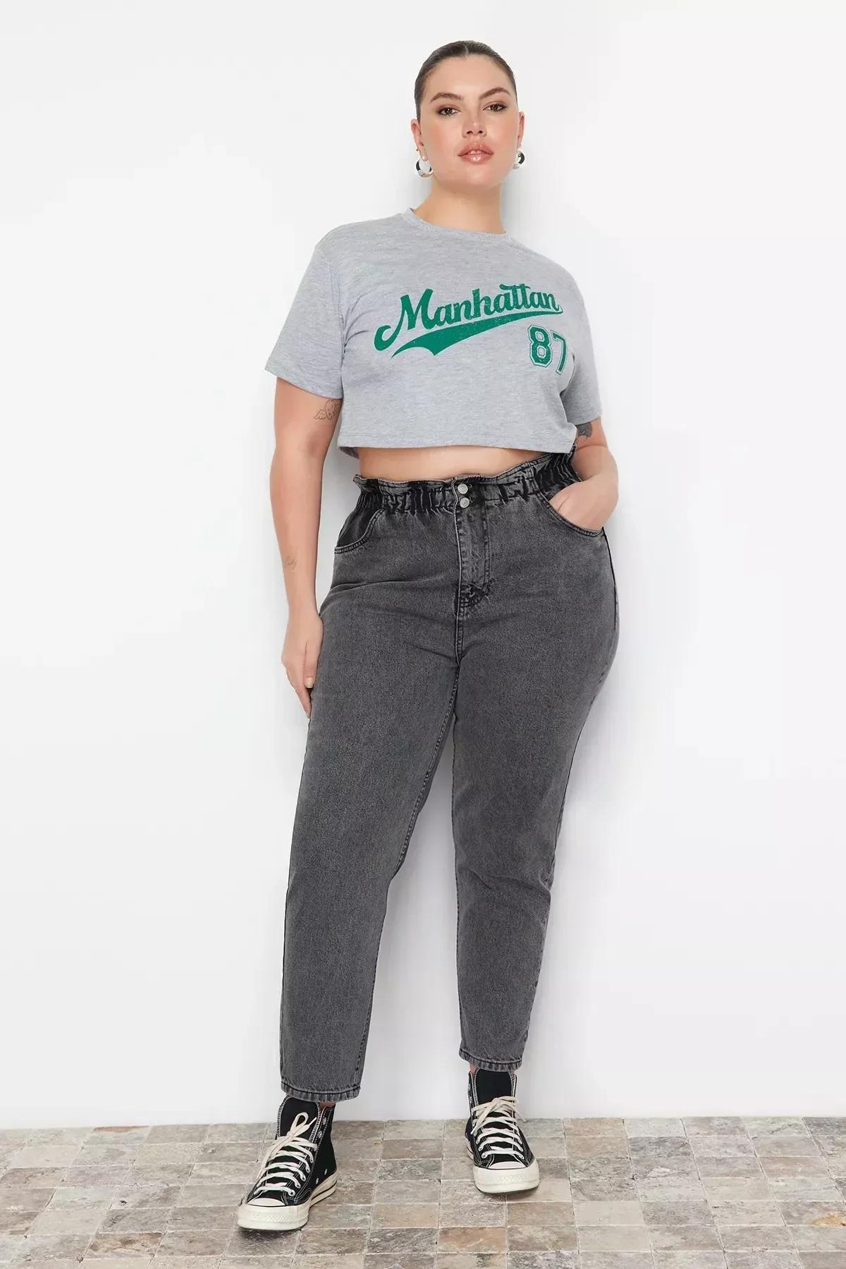 Grey Mom Plus Size Jeans, Grey, large image number 9