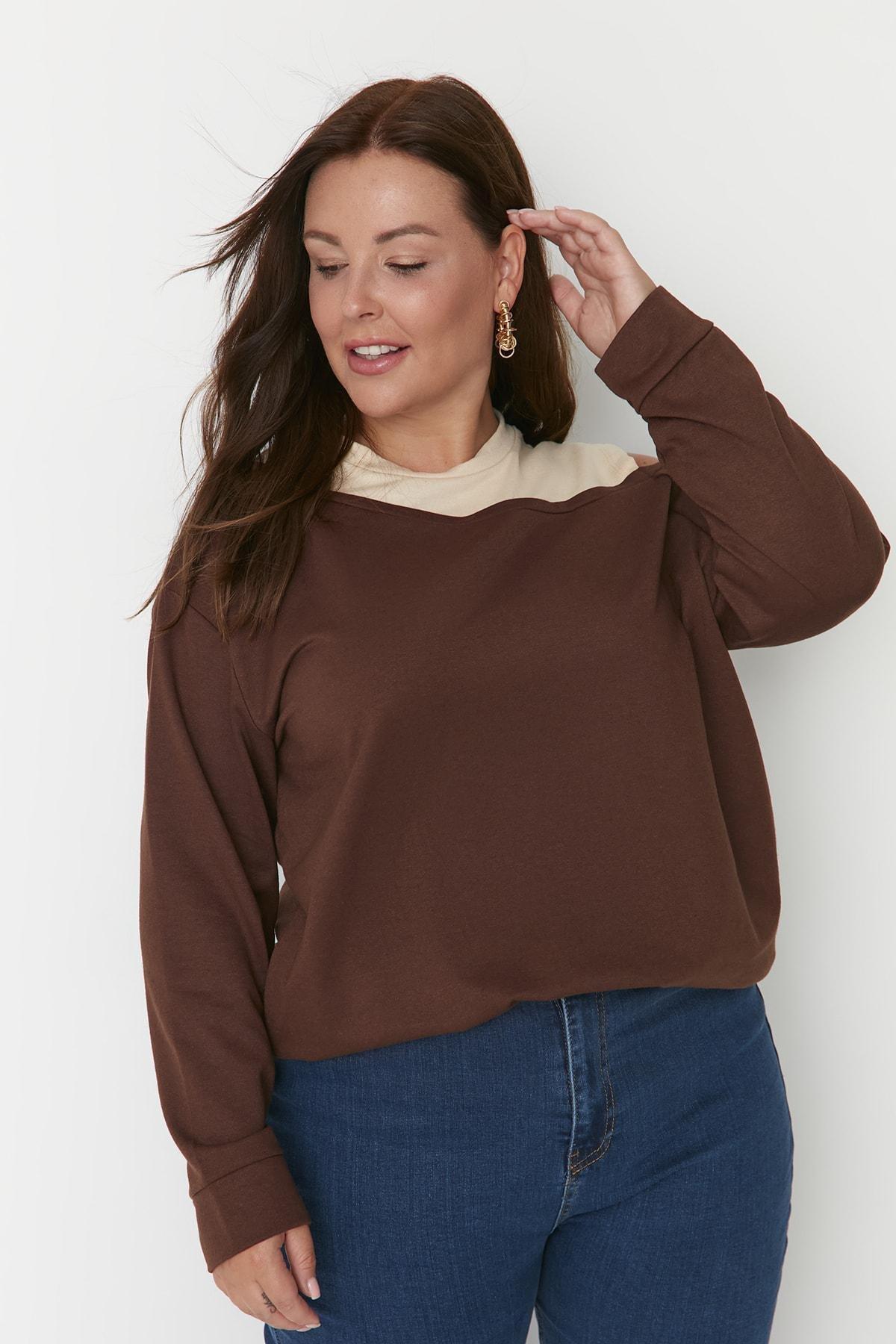 Brown Crew Neck Plus Size Sweatshirt, , large image number 3
