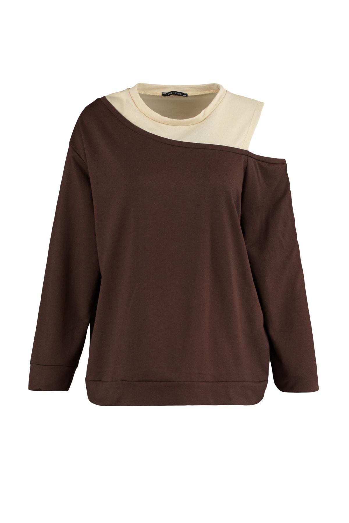 Brown Crew Neck Plus Size Sweatshirt, , large image number 6