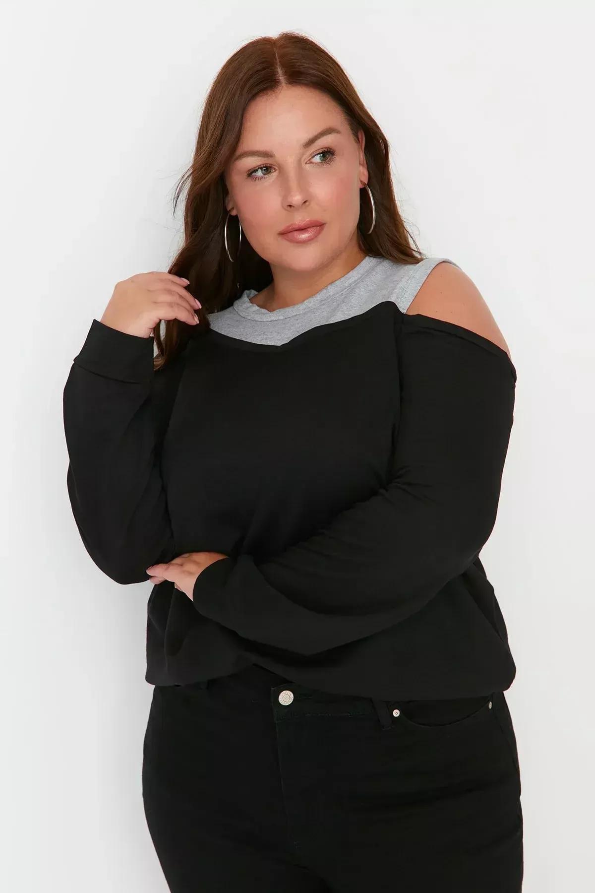 Black Crew Neck Plus Size Sweatshirt, Black, medium