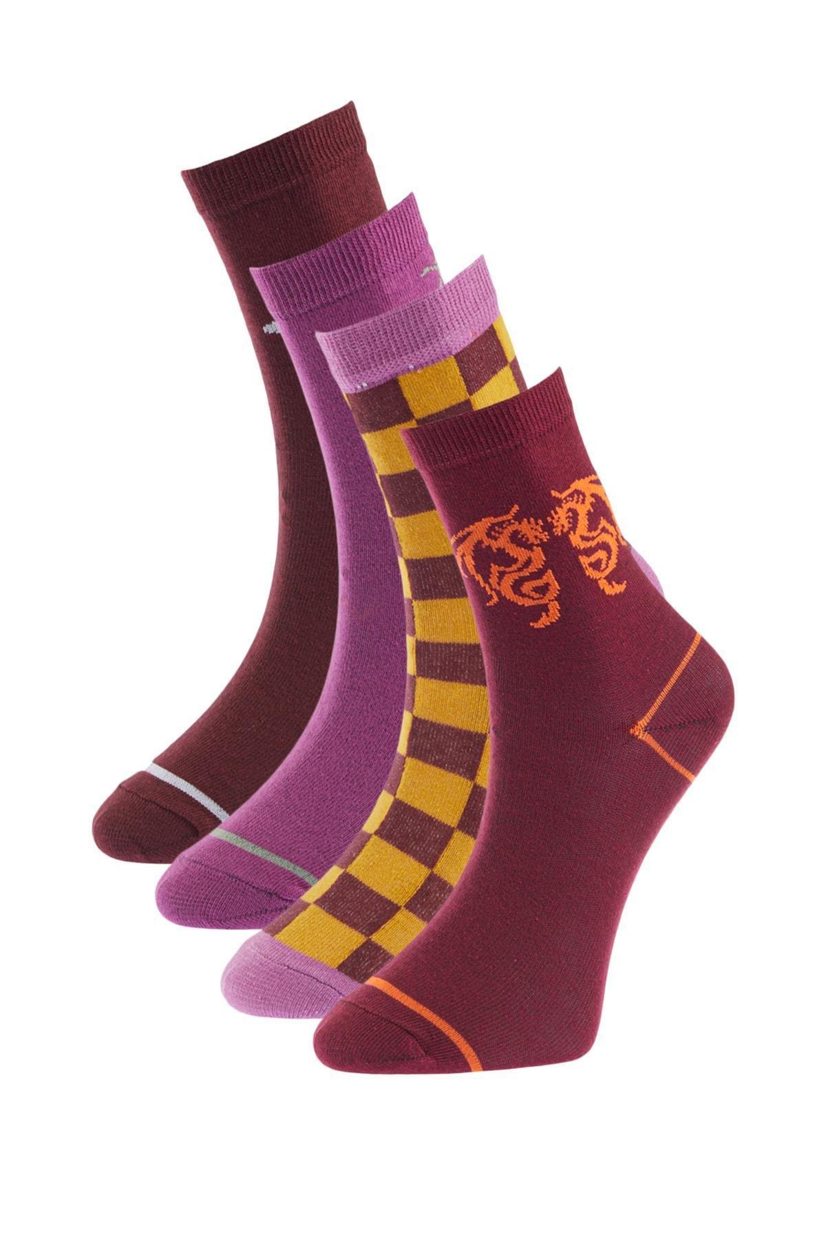 Burgundy Printed Socks, Set Of 4, , large image number 1