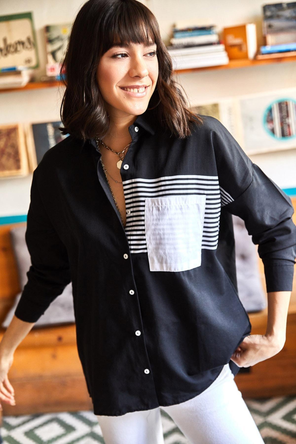 Black Colourblock Oversize Shirt, BLACK, large image number 0