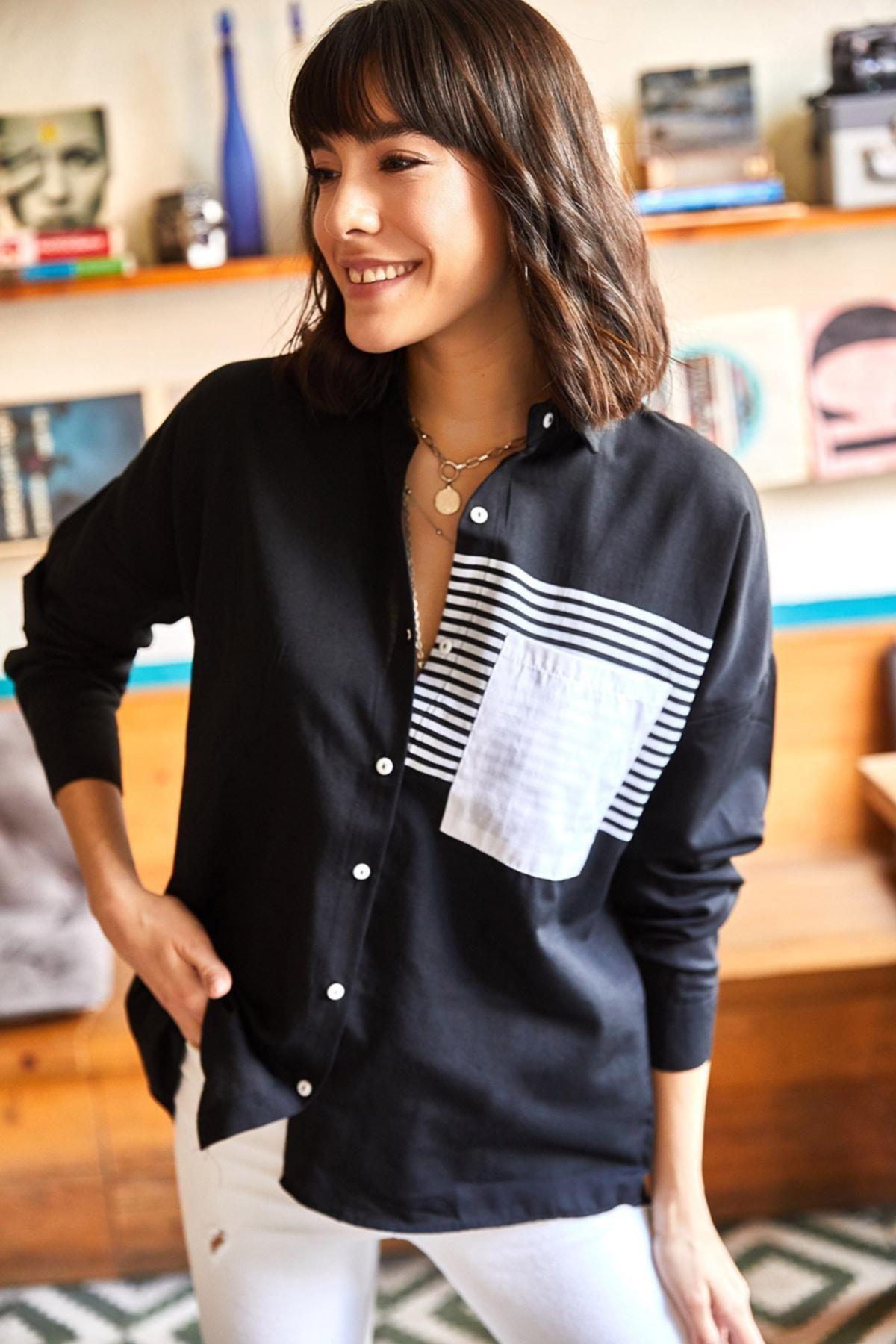 Black Colourblock Oversize Shirt, BLACK, large image number 1