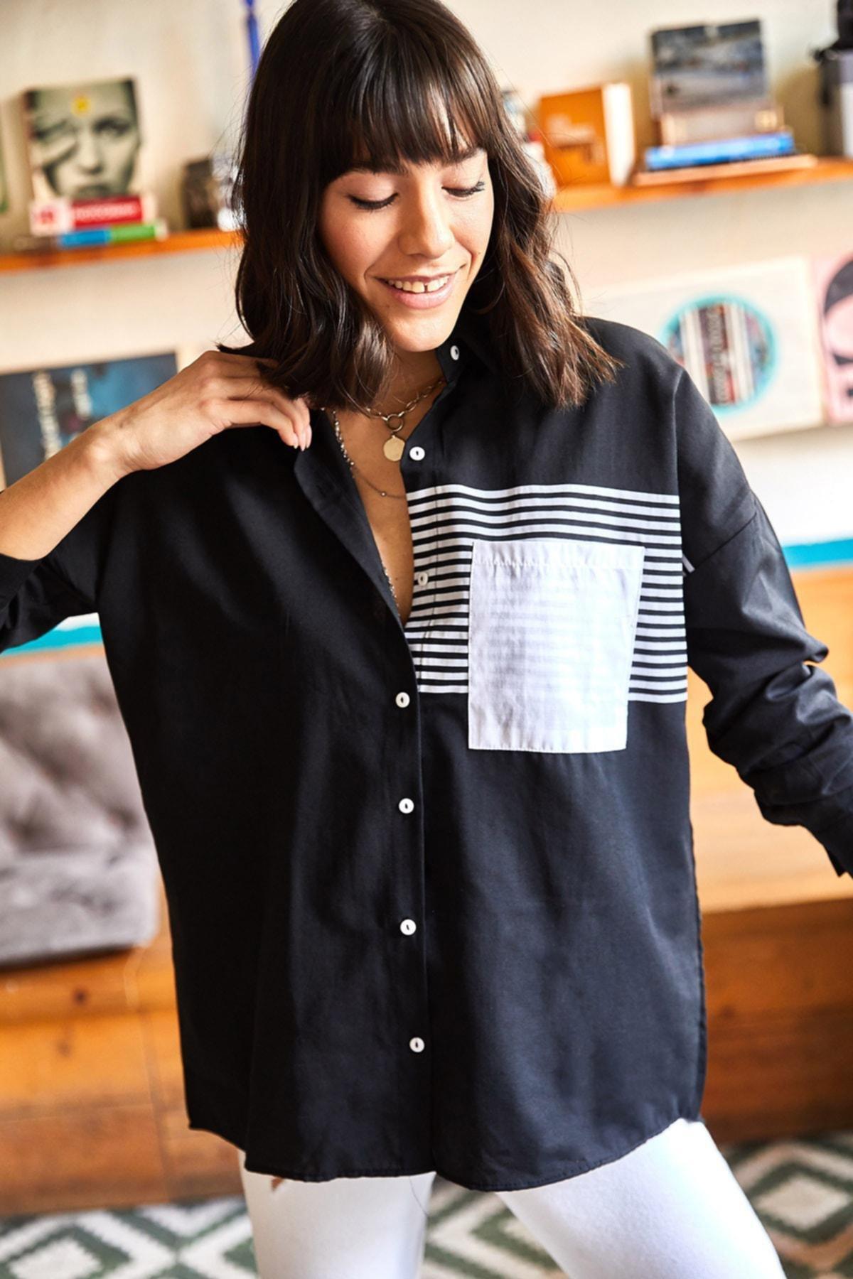 Black Colourblock Oversize Shirt, BLACK, large image number 4