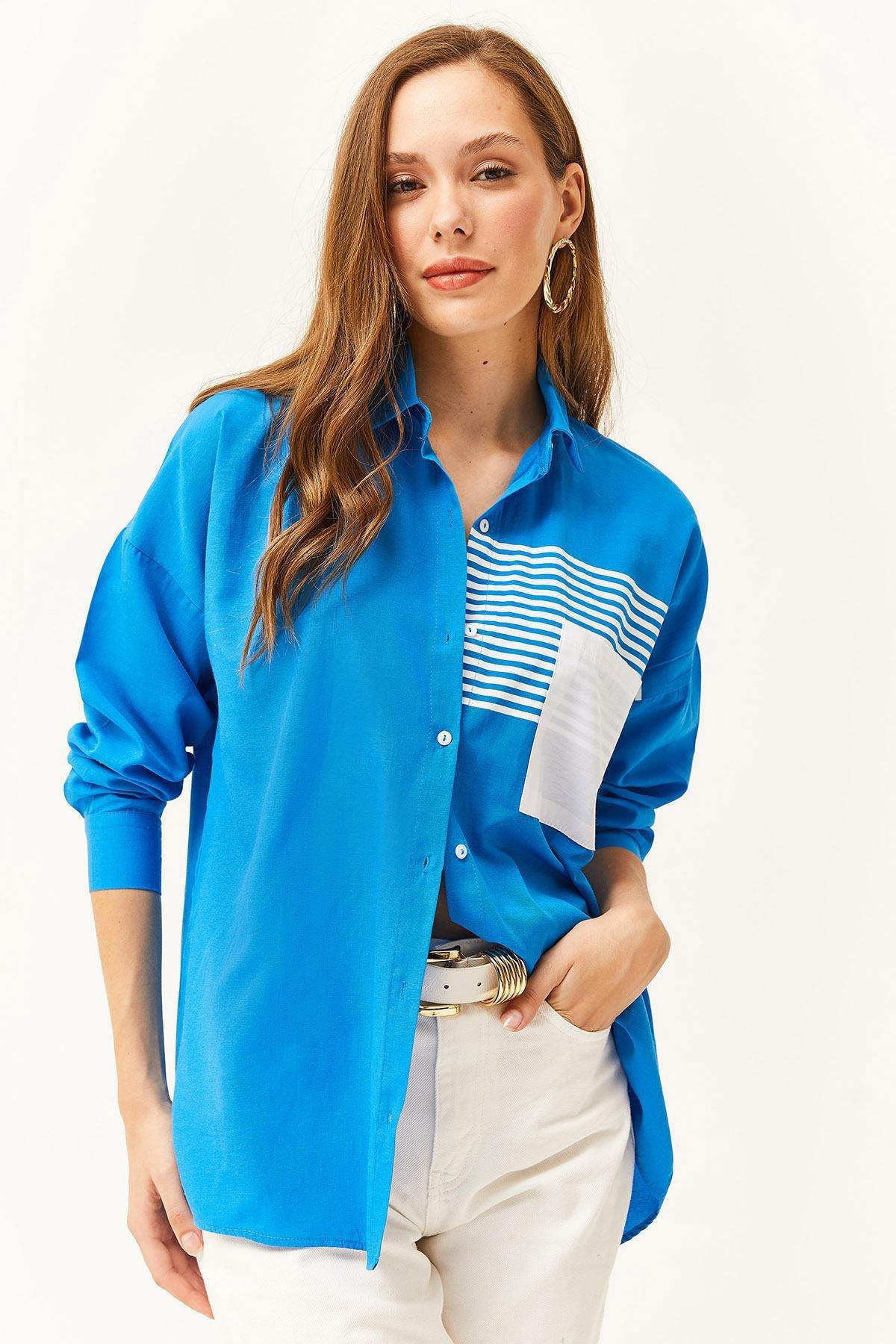 Blue Pocket Detailed Oversize Shirt, , large image number 0