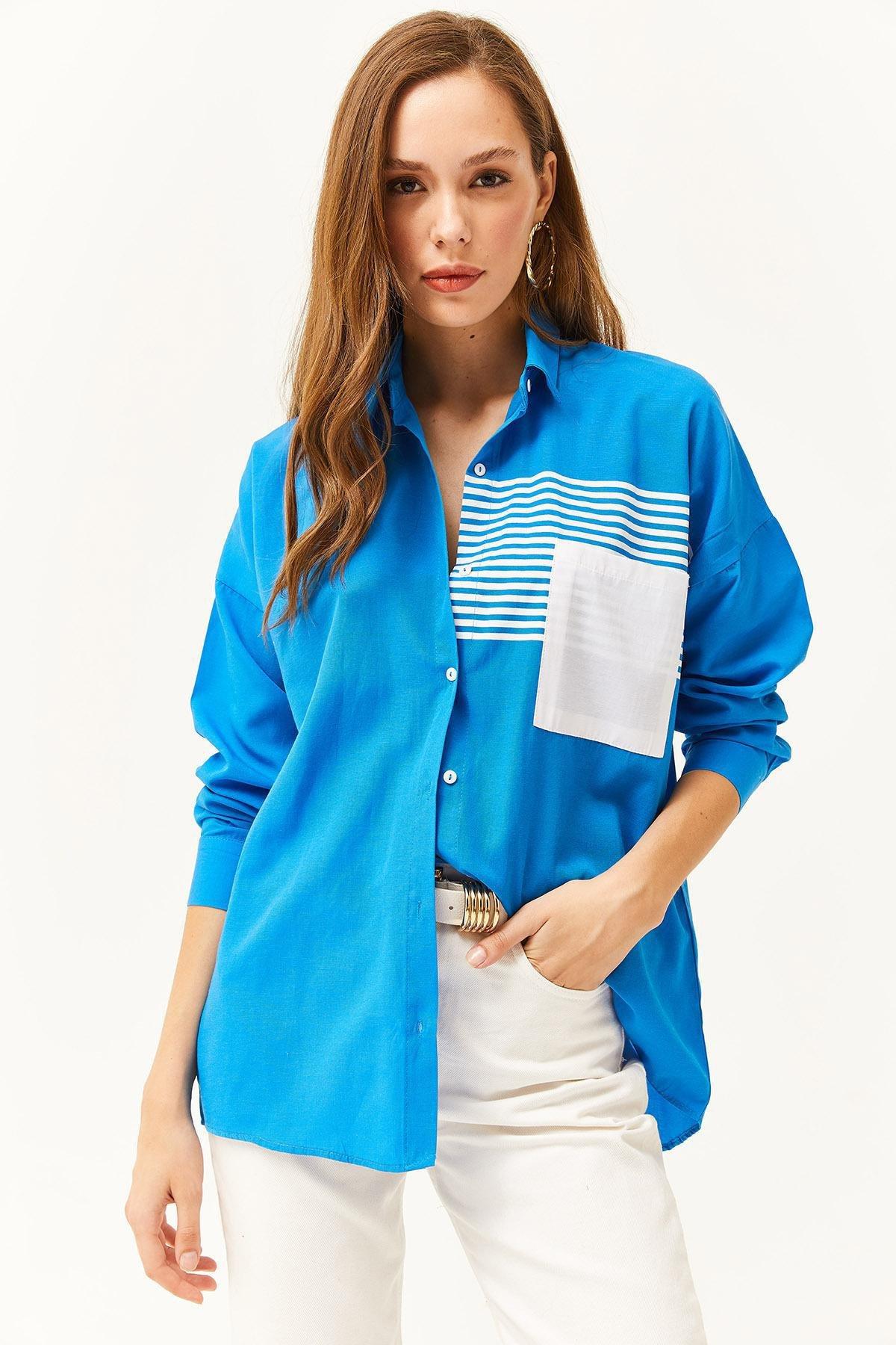 Blue Pocket Detailed Oversize Shirt, , large image number 1