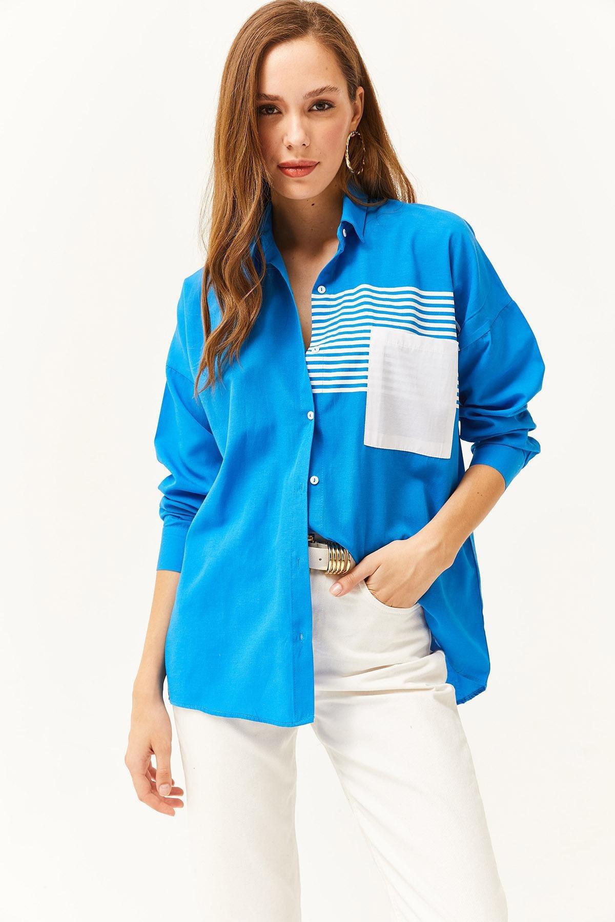 Blue Pocket Detailed Oversize Shirt, , large image number 2