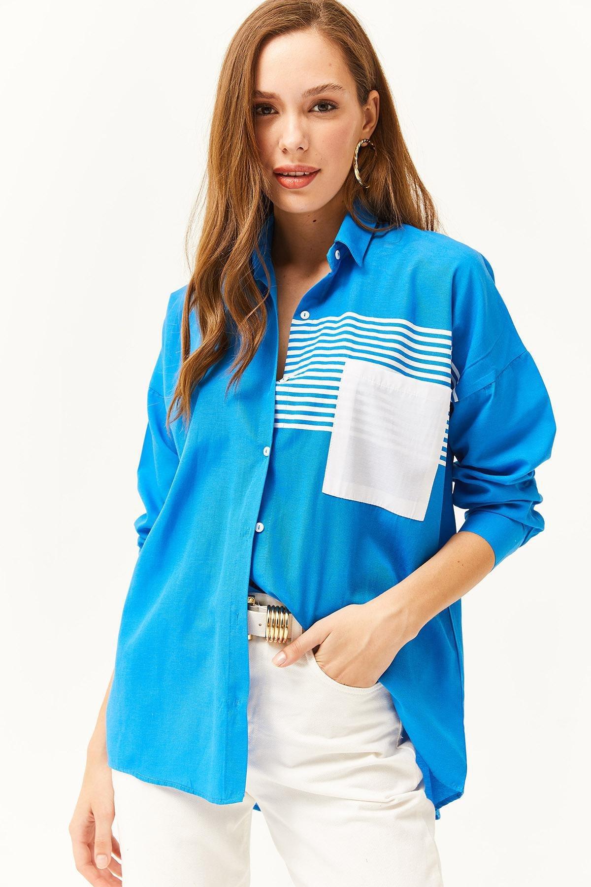 Blue Pocket Detailed Oversize Shirt, , large image number 3