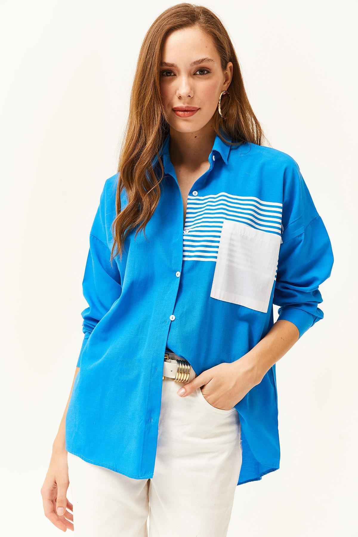 Blue Pocket Detailed Oversize Shirt, , large image number 4