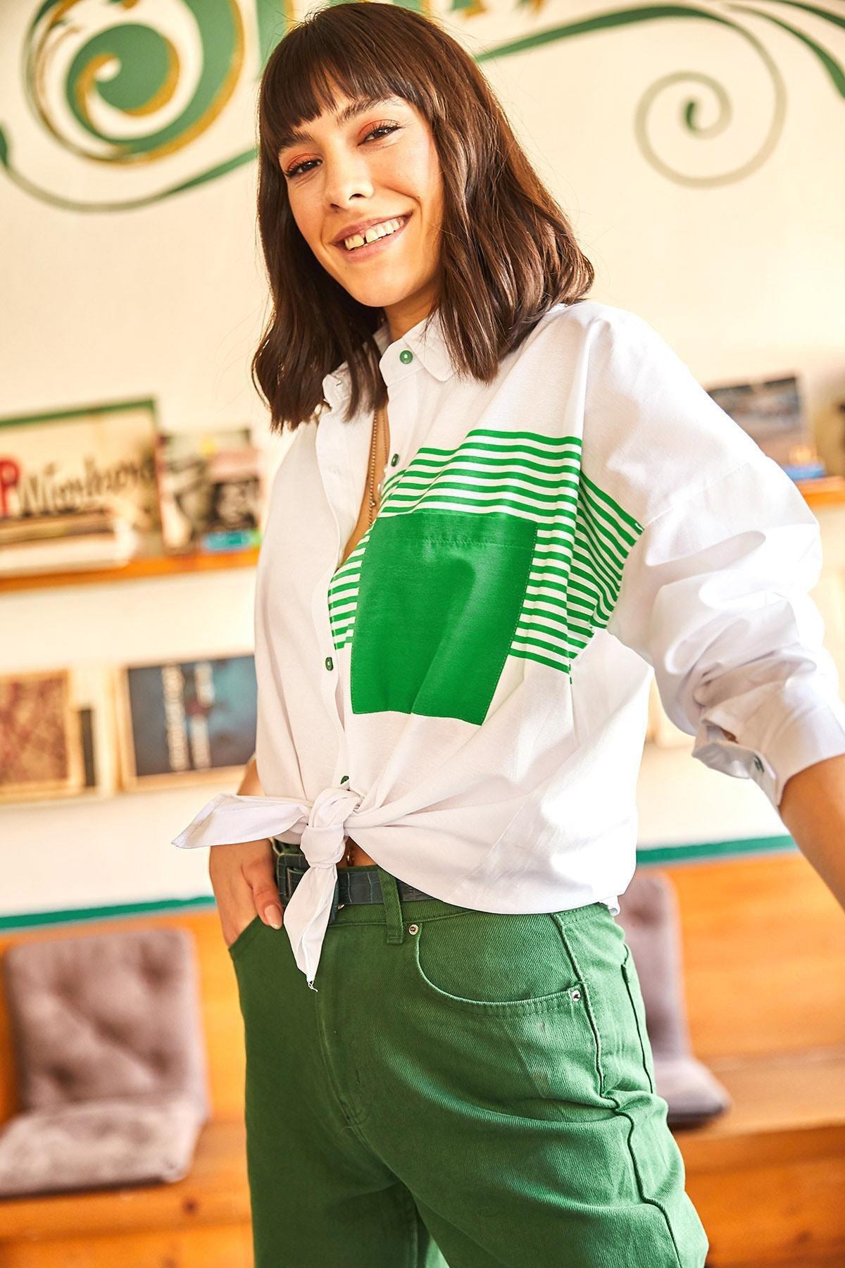 Green Colour block Oversize Shirt, , large image number 0