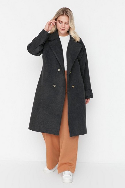 Trendyol - Gray Double Breasted Plus Size Coat