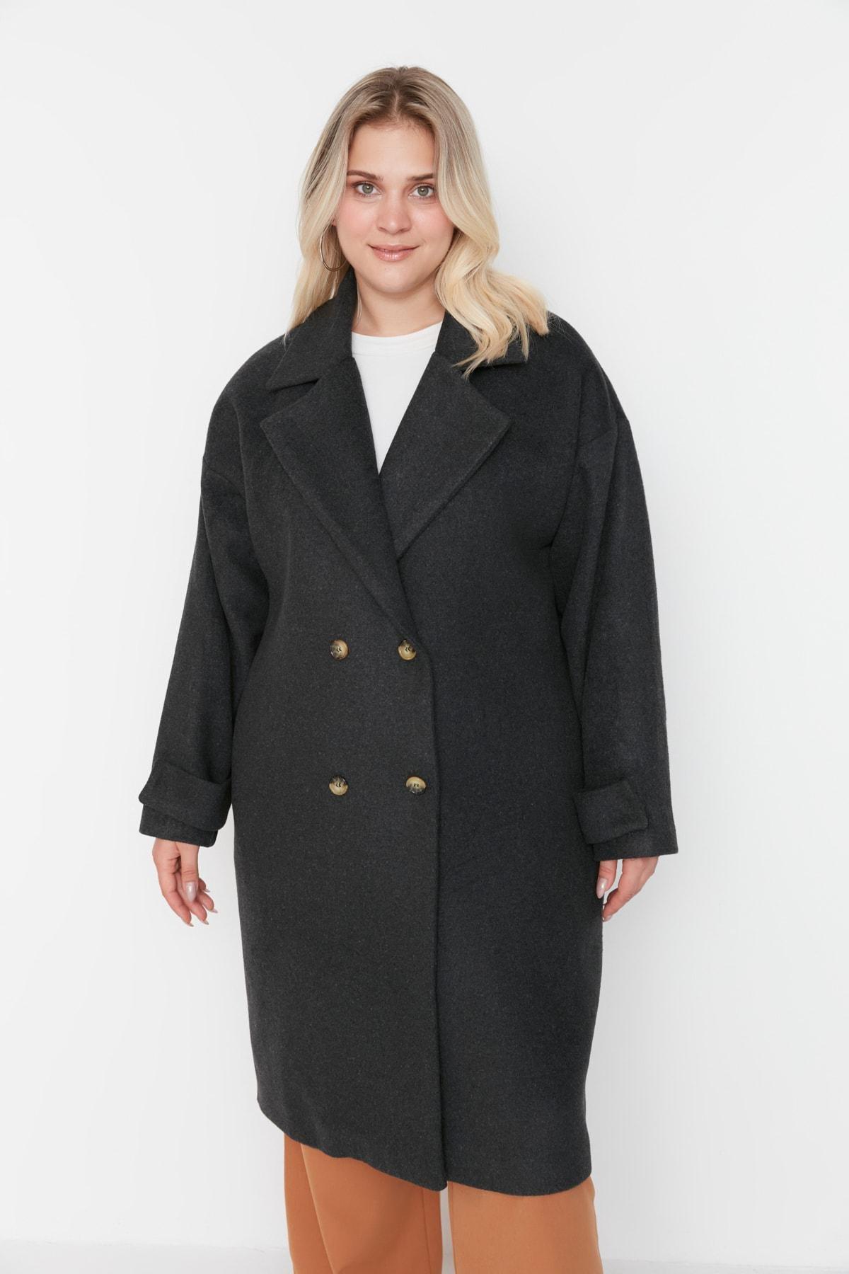 Gray Double Breasted Plus Size Coat, , large image number 1