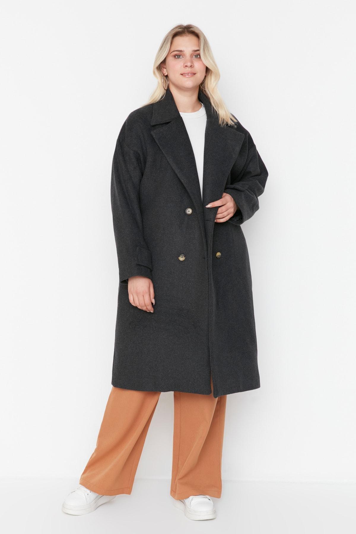 Trendyol - Gray Double Breasted Plus Size Coat