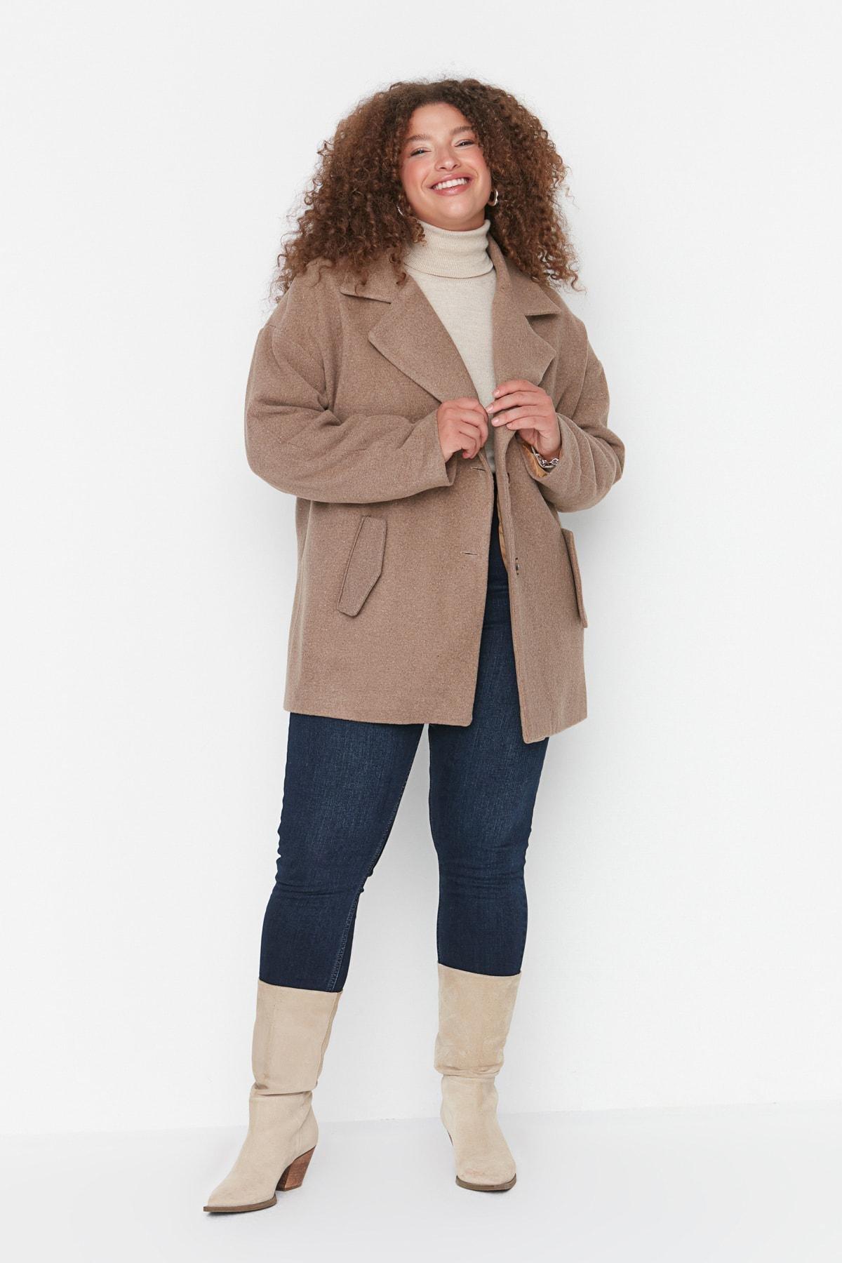 Trendyol - Brown Double Plus Size Coat