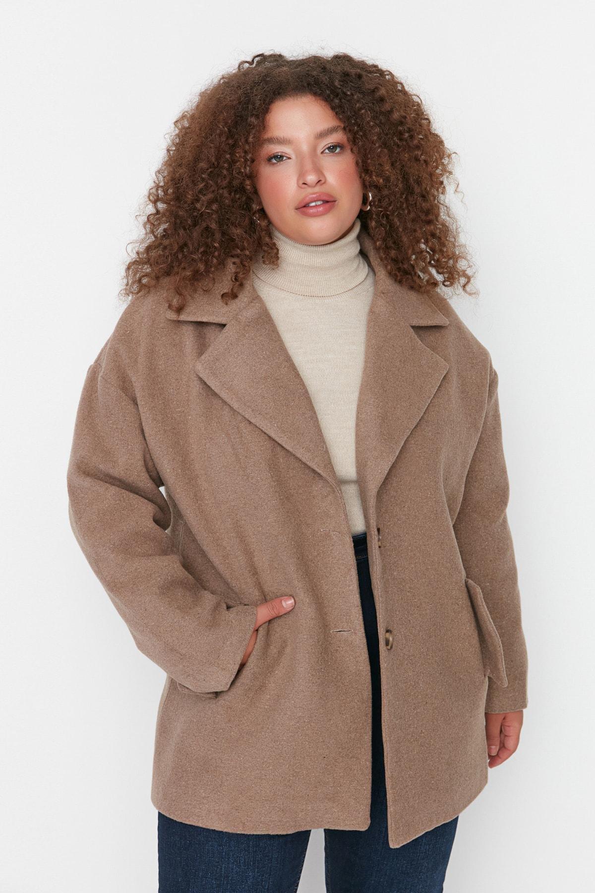 Trendyol - Brown Double Plus Size Coat