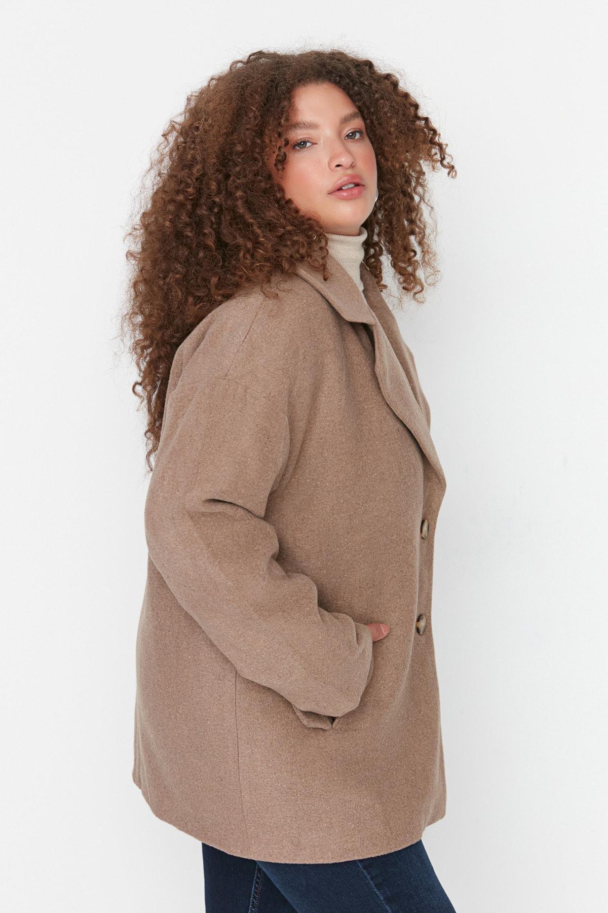 Trendyol - Brown Double Plus Size Coat