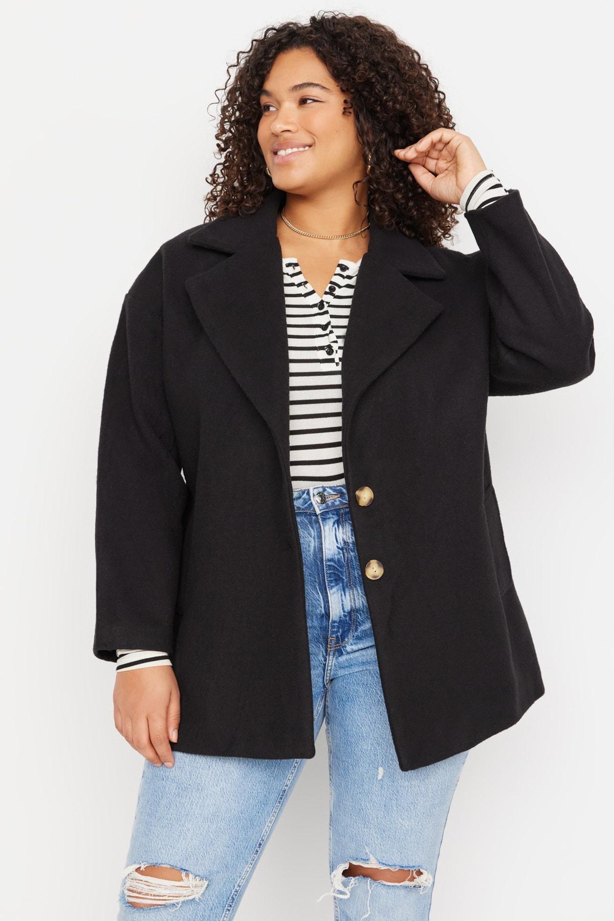 Black Double Breasted Plus Size Coat, , large image number 0