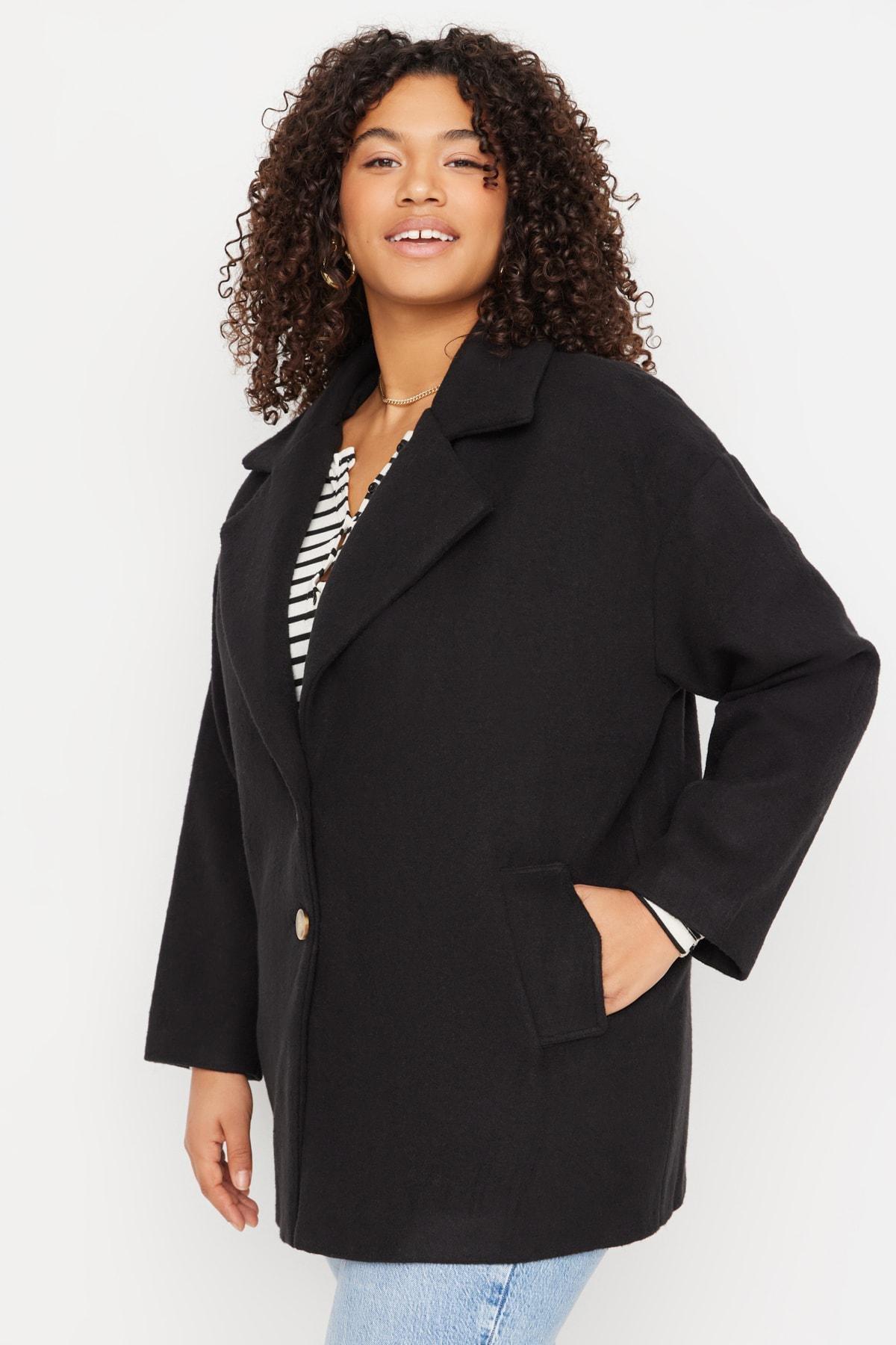 Black Double Breasted Plus Size Coat, , large image number 1