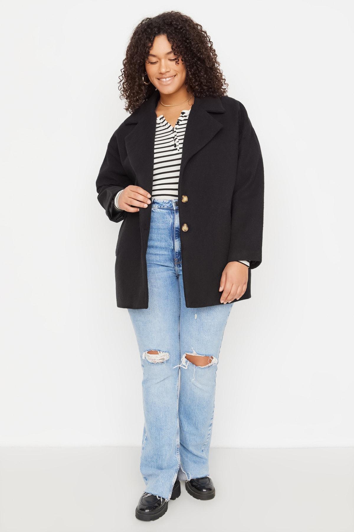 Black Double Breasted Plus Size Coat, , large image number 3