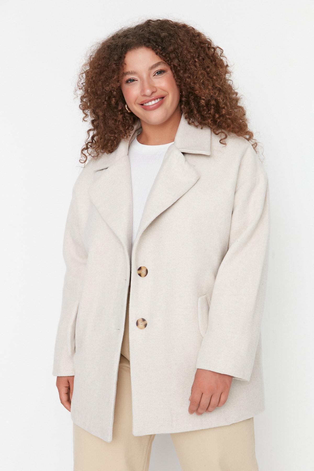 Trendyol - Ecru Double Breasted Plus Size Coat