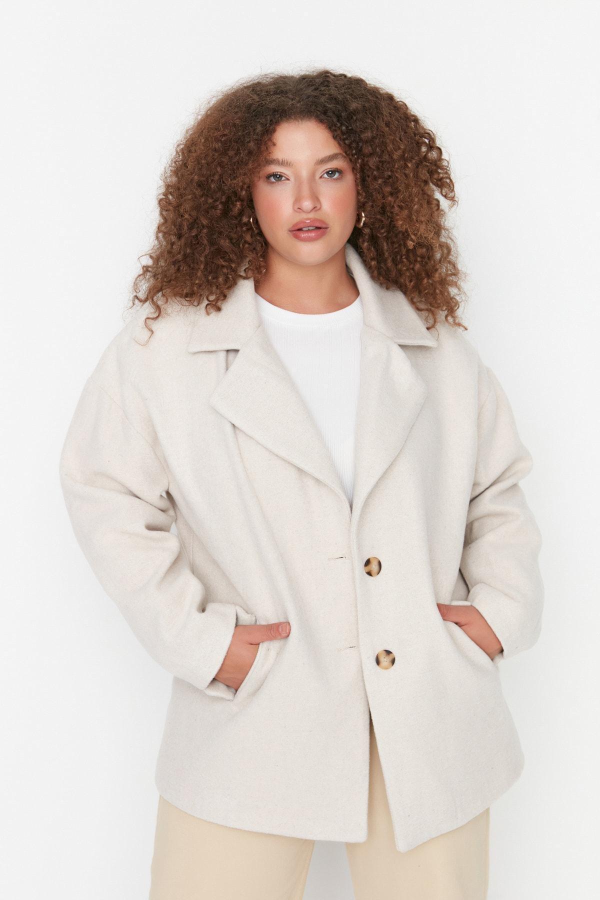 Ecru Double Breasted Plus Size Coat, , large image number 1
