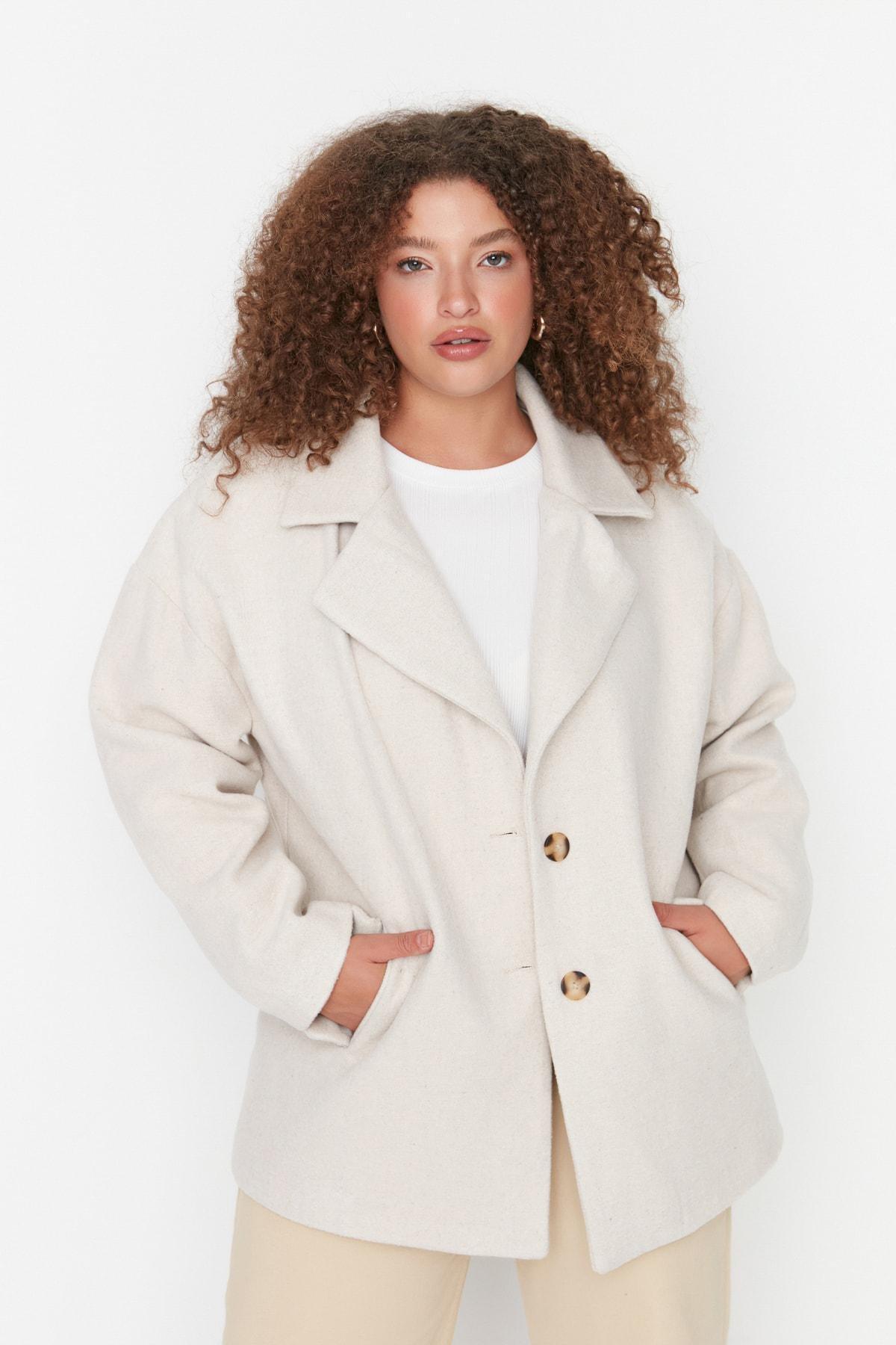 Trendyol - Ecru Double Breasted Plus Size Coat