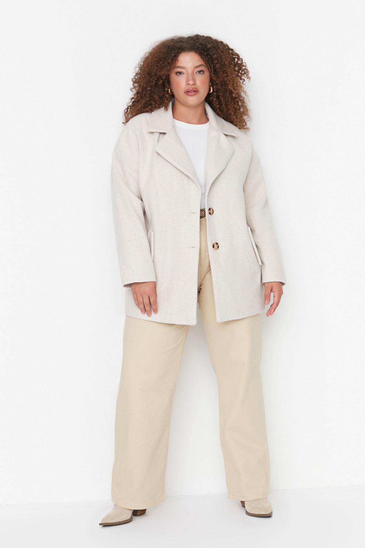 Trendyol - Ecru Double Breasted Plus Size Coat