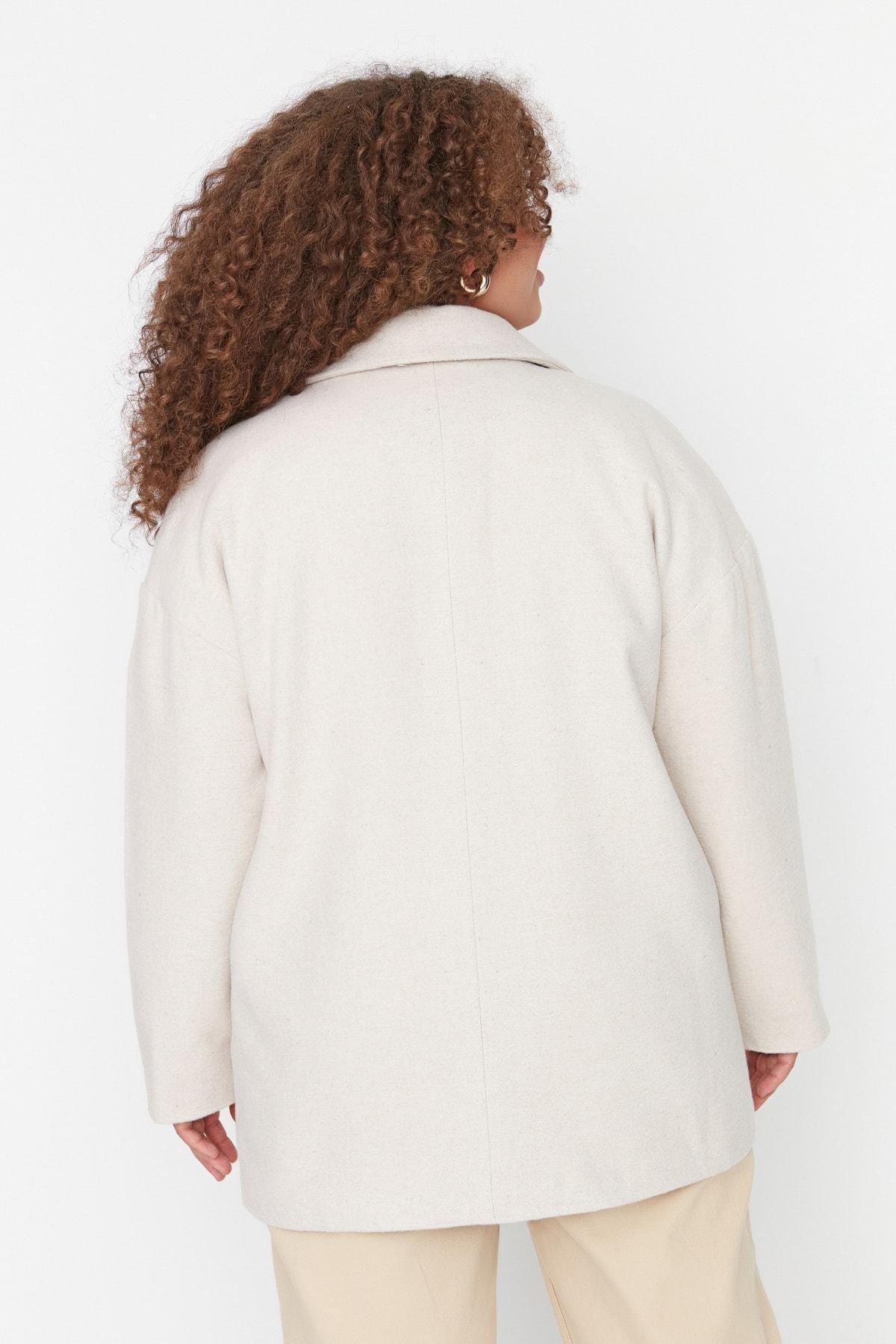 Trendyol - Ecru Double Breasted Plus Size Coat