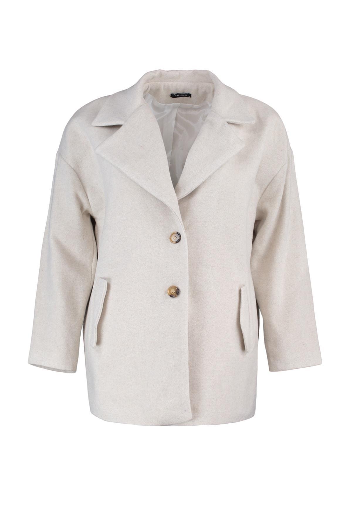 Trendyol - Ecru Double Breasted Plus Size Coat