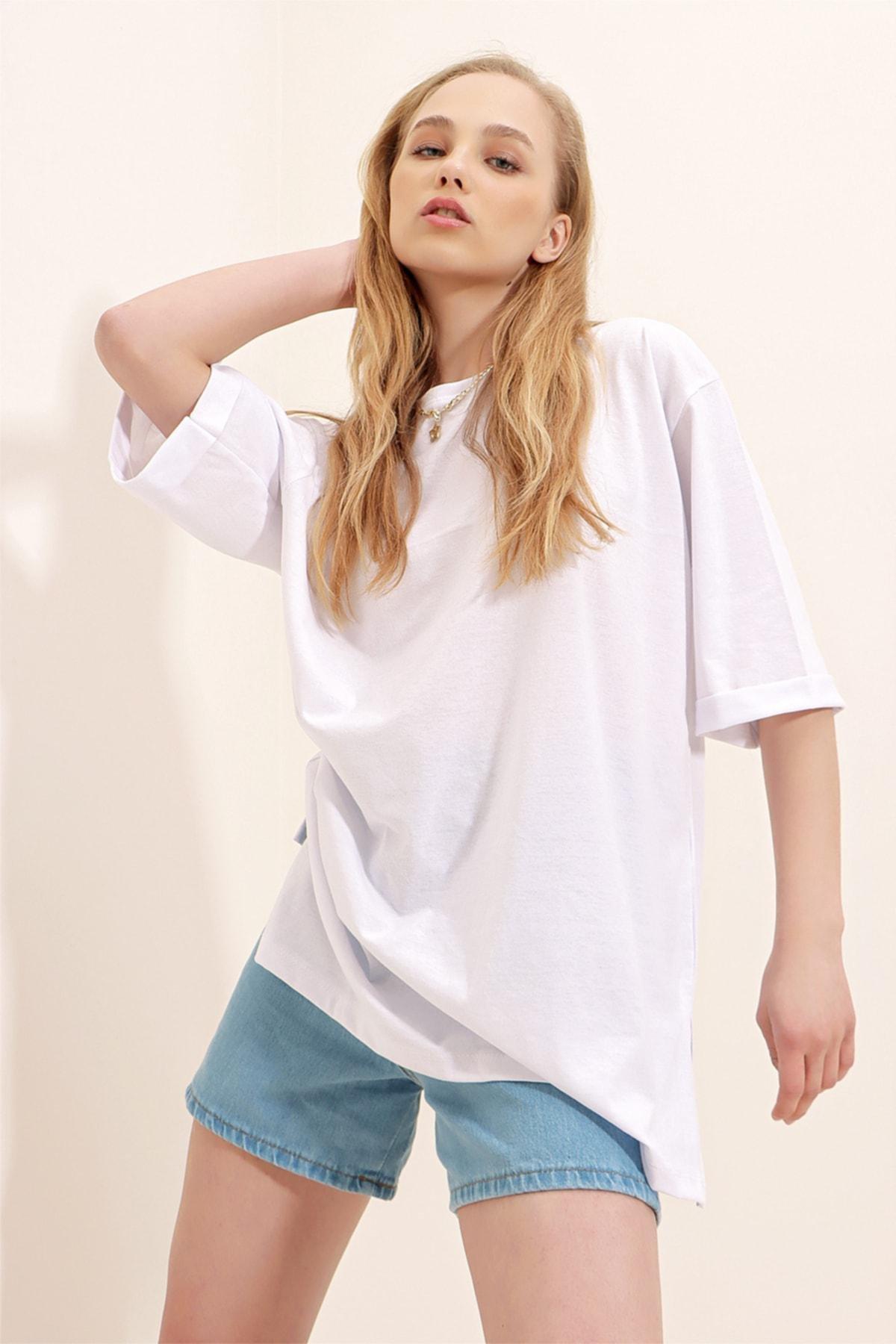 White Crew Neck Cotton Oversize T-Shirt, , large image number 1