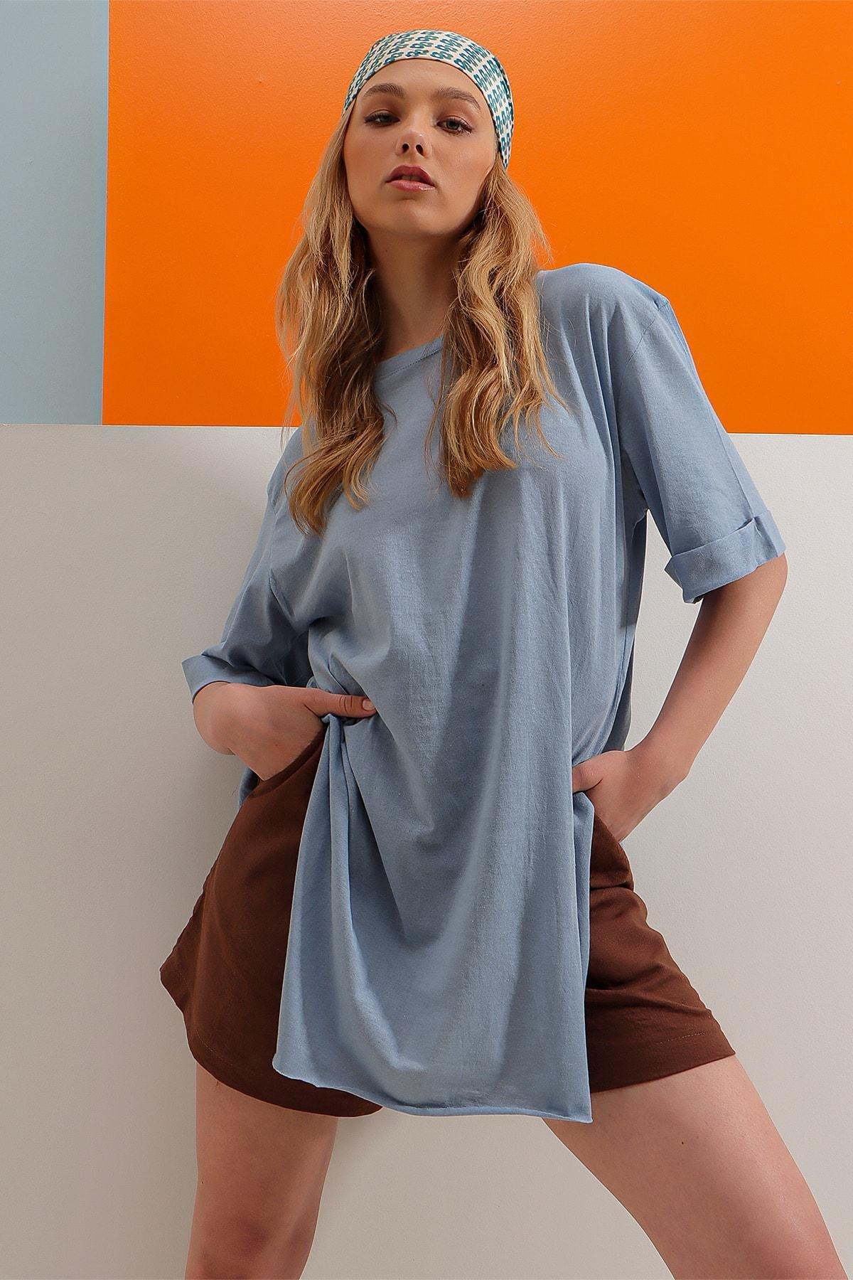 Blue Crew Neck Cotton Oversize T-Shirt, Blue, large image number 0