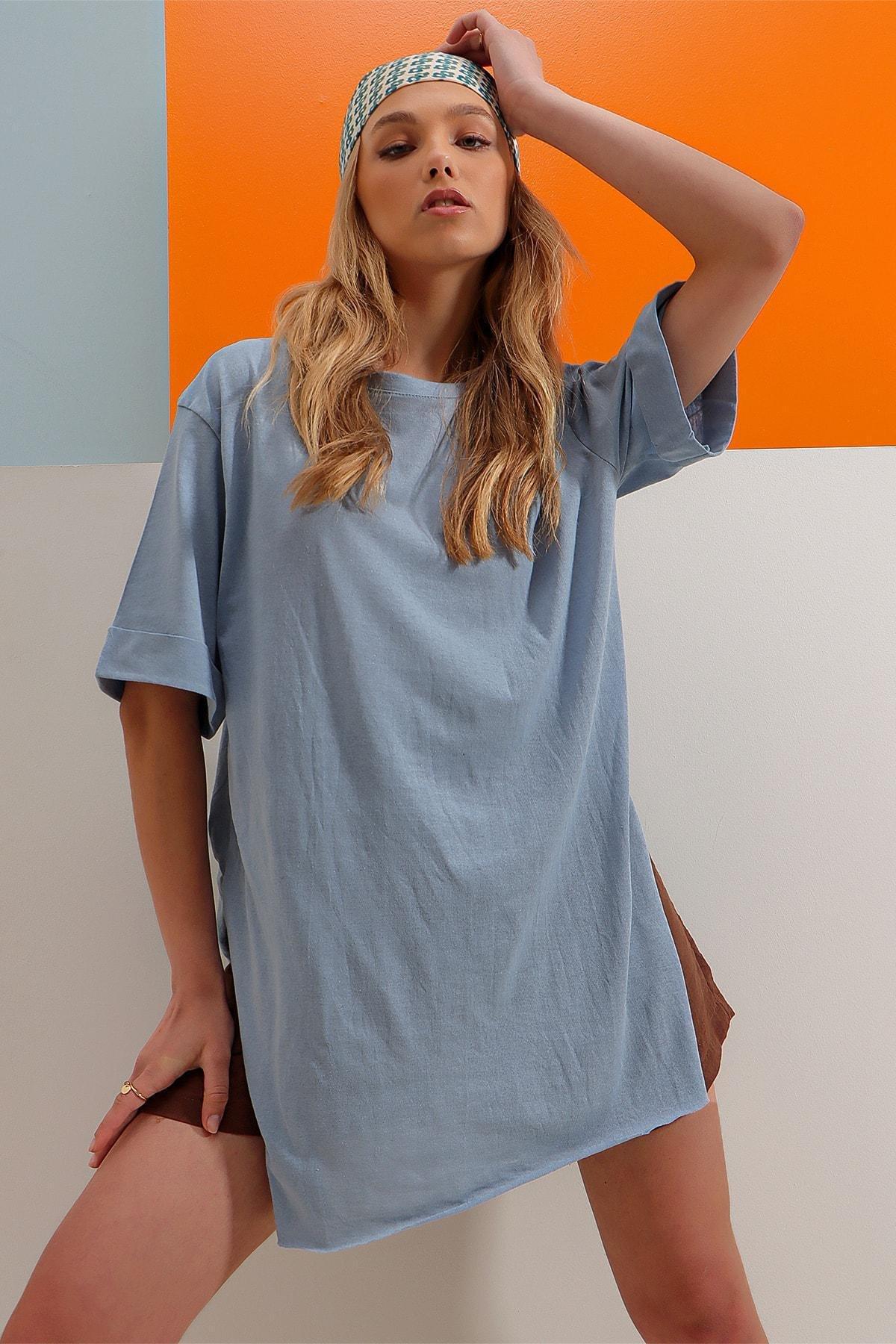 Blue Crew Neck Cotton Oversize T-Shirt, Blue, large image number 2